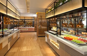 a buffet with food on display