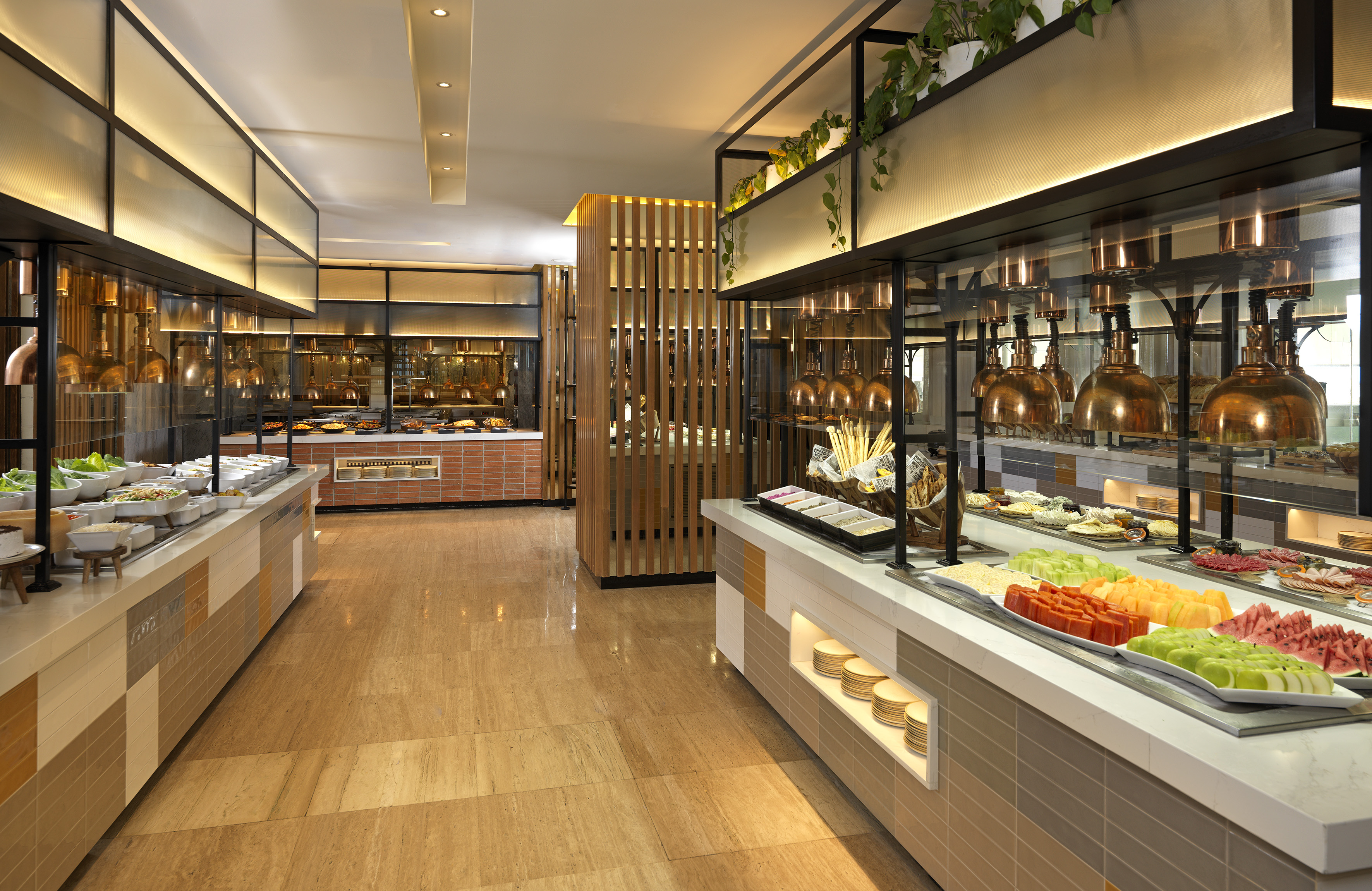 a buffet with food on display