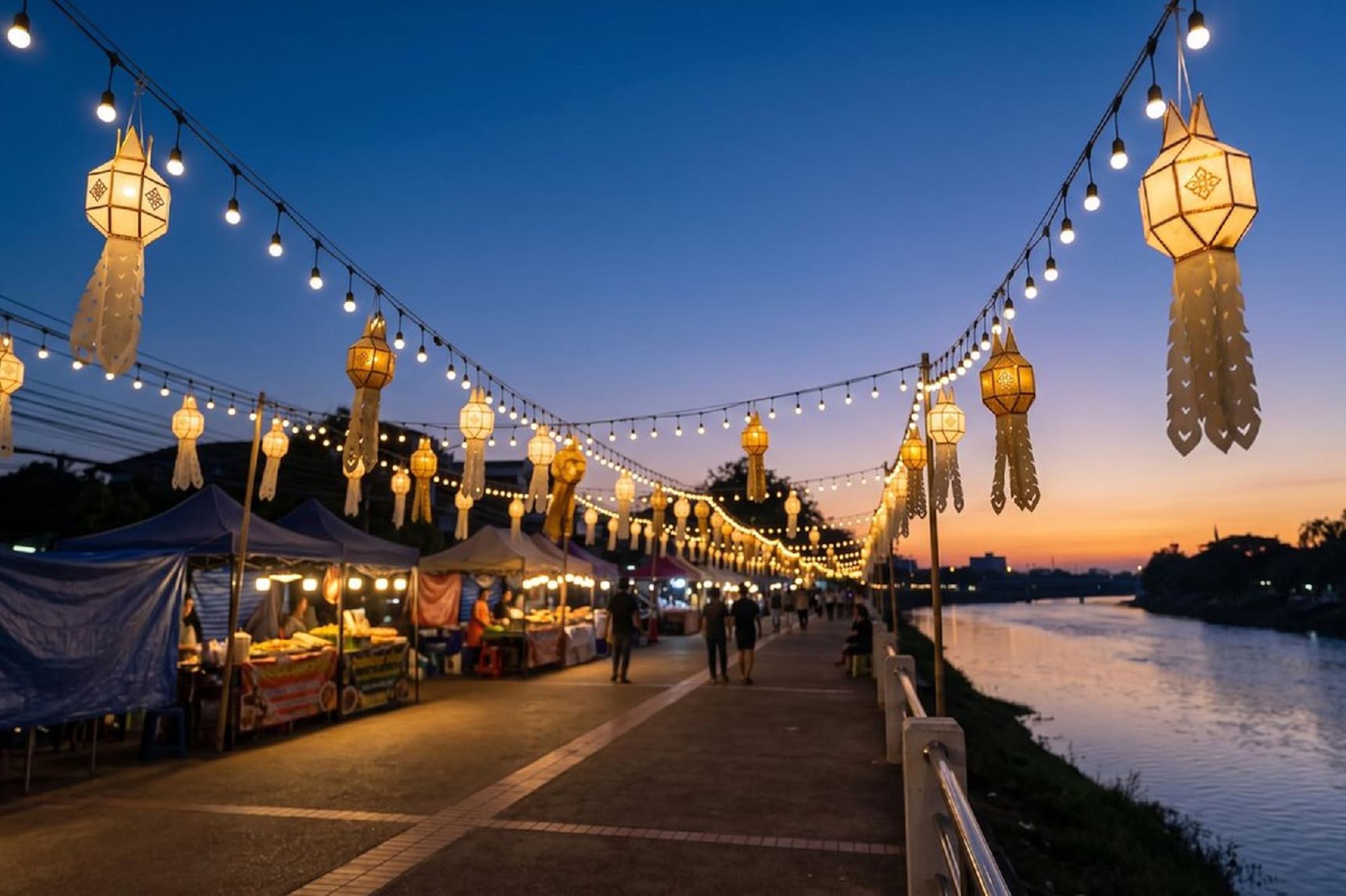 Thai night market by river at dusk with illuminated lanterns and food stalls.