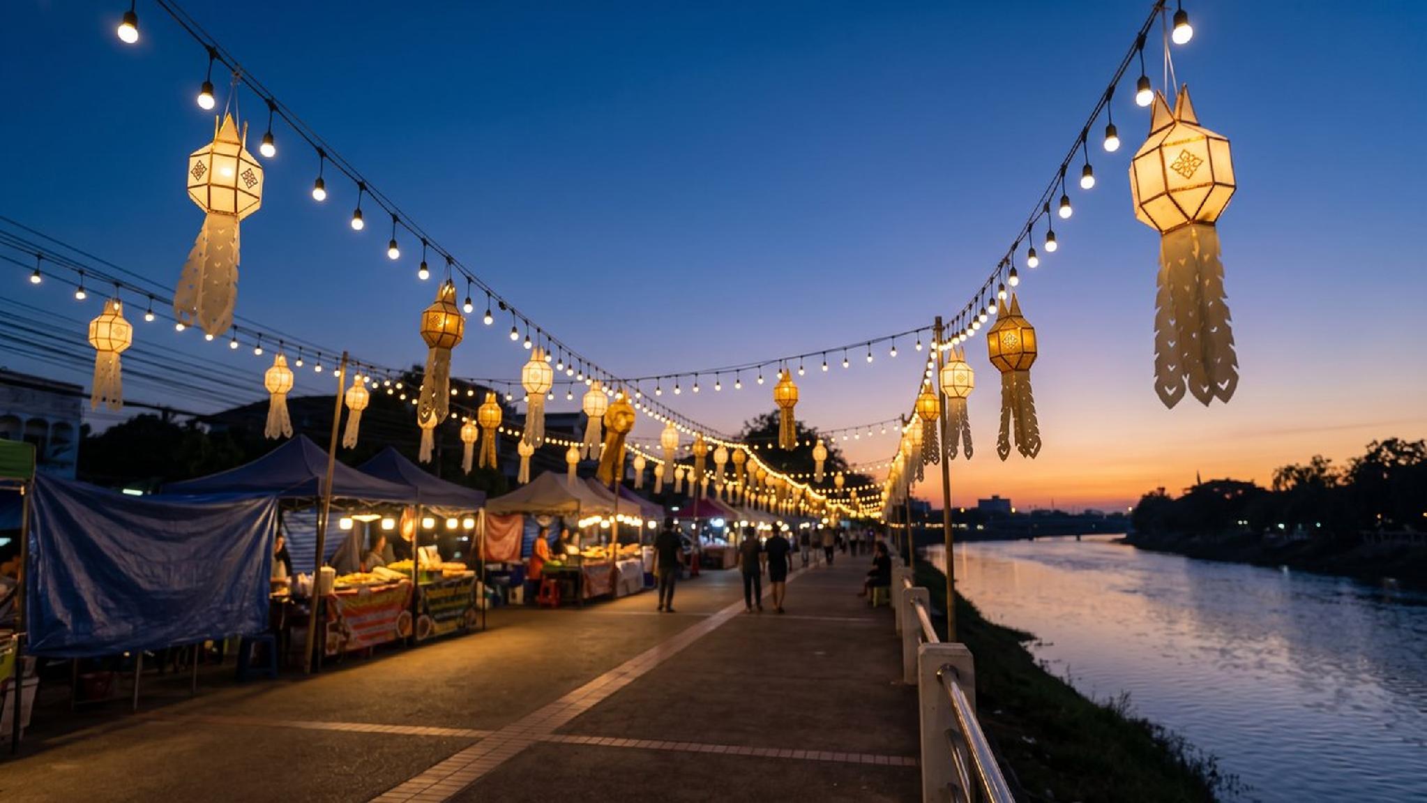 Thai night market by river at dusk with illuminated lanterns and food stalls.