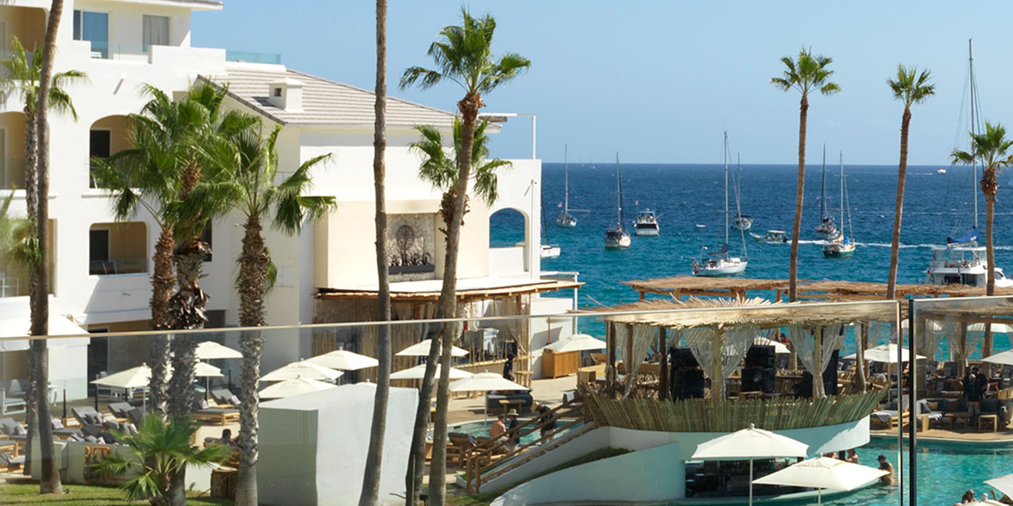 a pool with palm trees and a building with a body of water