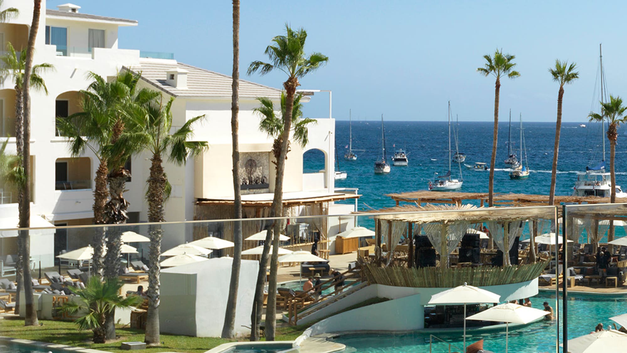 a pool with palm trees and a building with a body of water