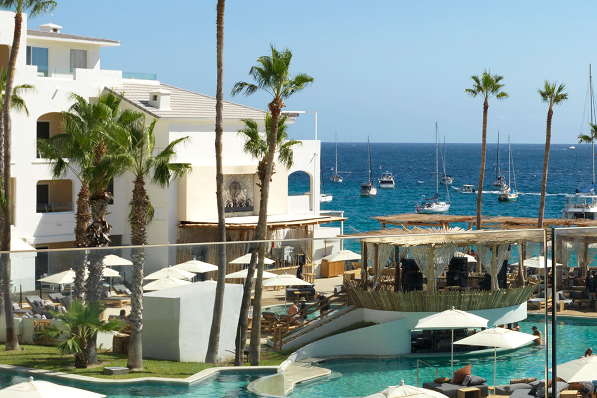 a pool with palm trees and a building with a body of water