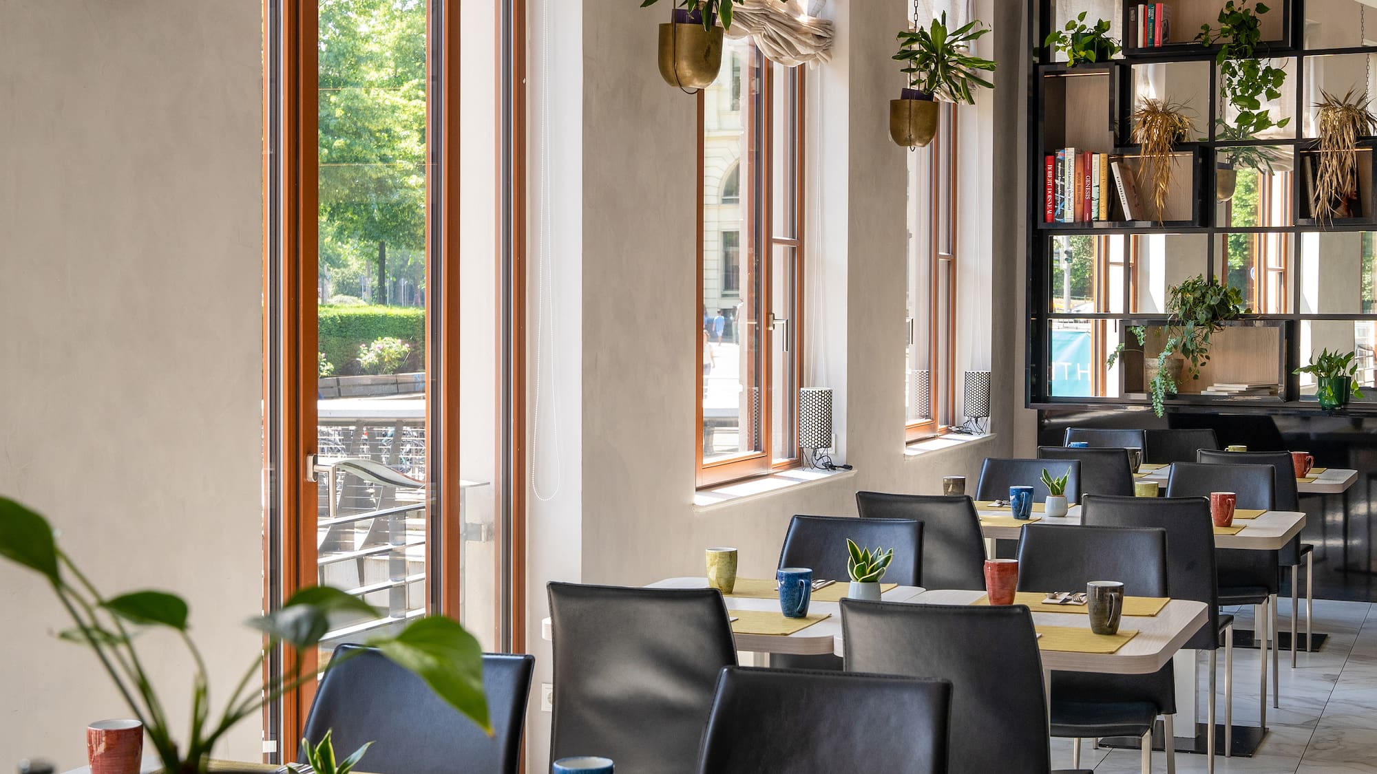 a room with tables and chairs