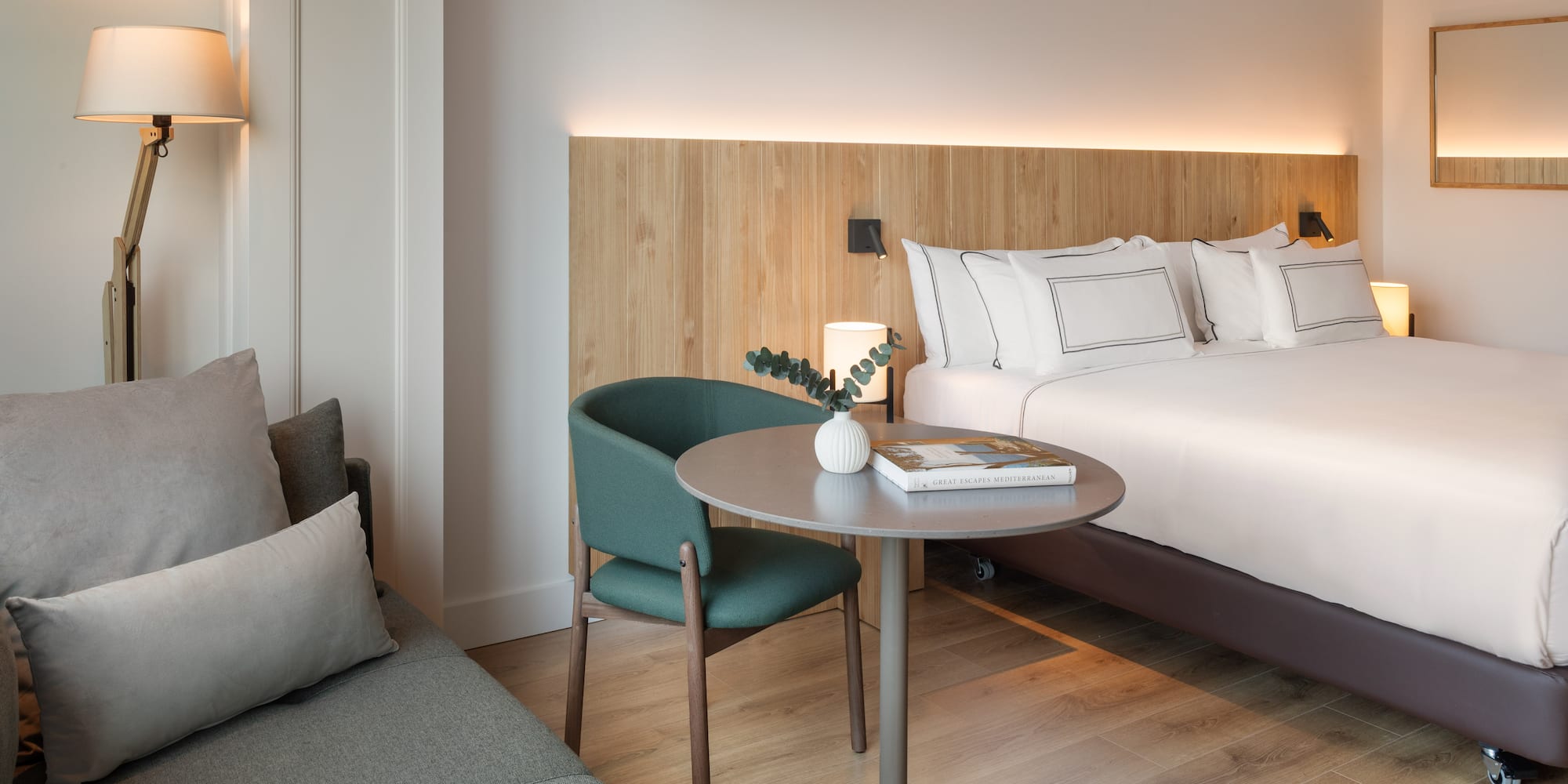 a room with a bed and a table