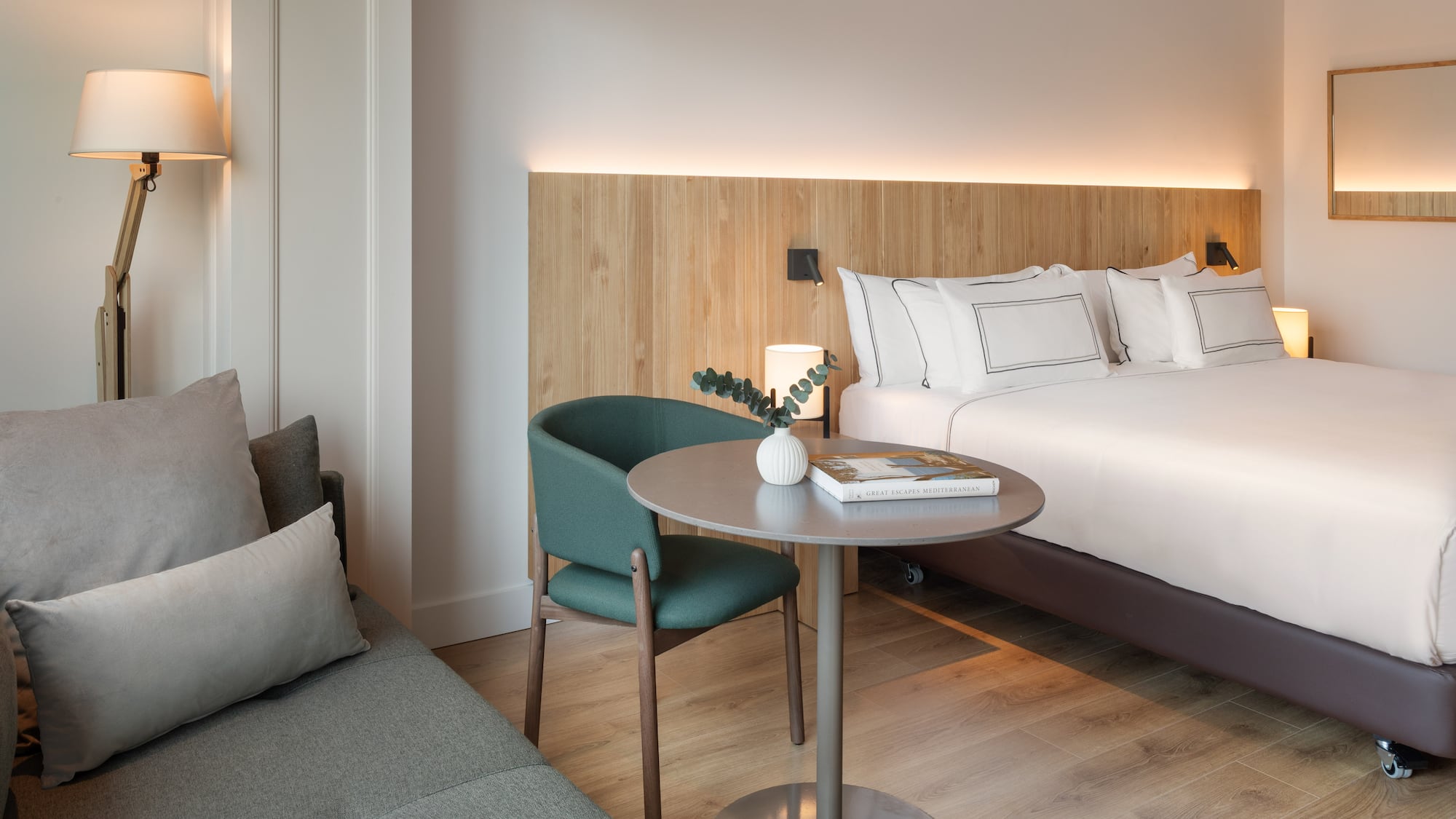 a room with a bed and a table