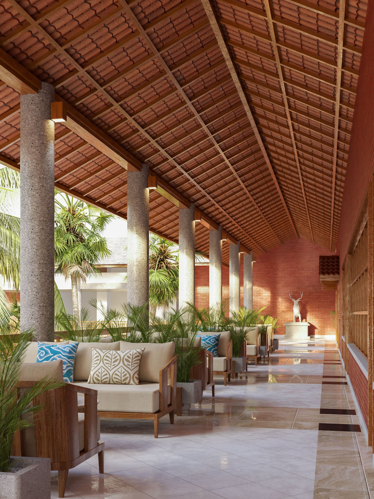 a long corridor with a large patio area and a large white statue