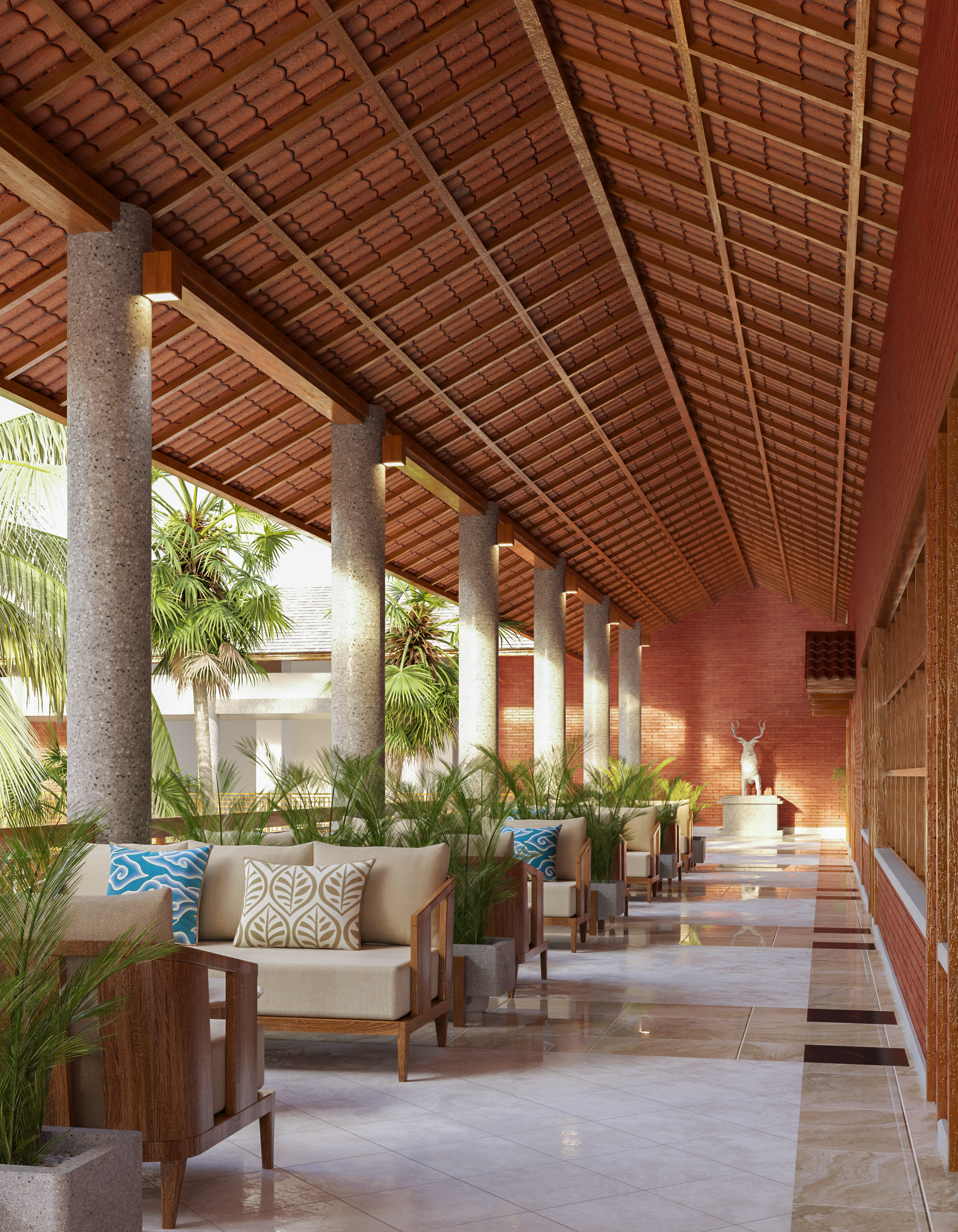 a long corridor with a large patio area and a large white statue