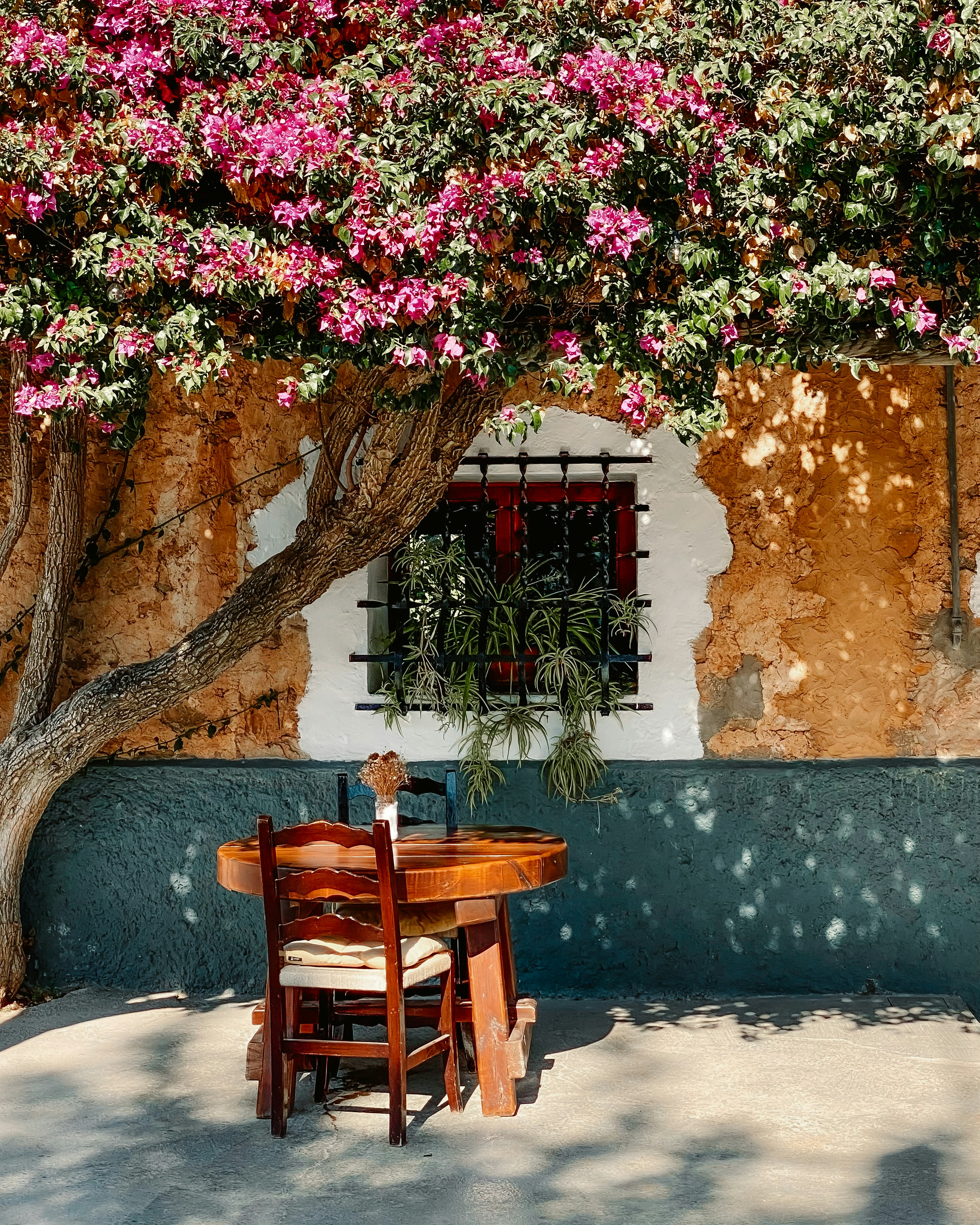 Rustic patio with wooden table, chairs, and vibrant pink bougainvillea.
