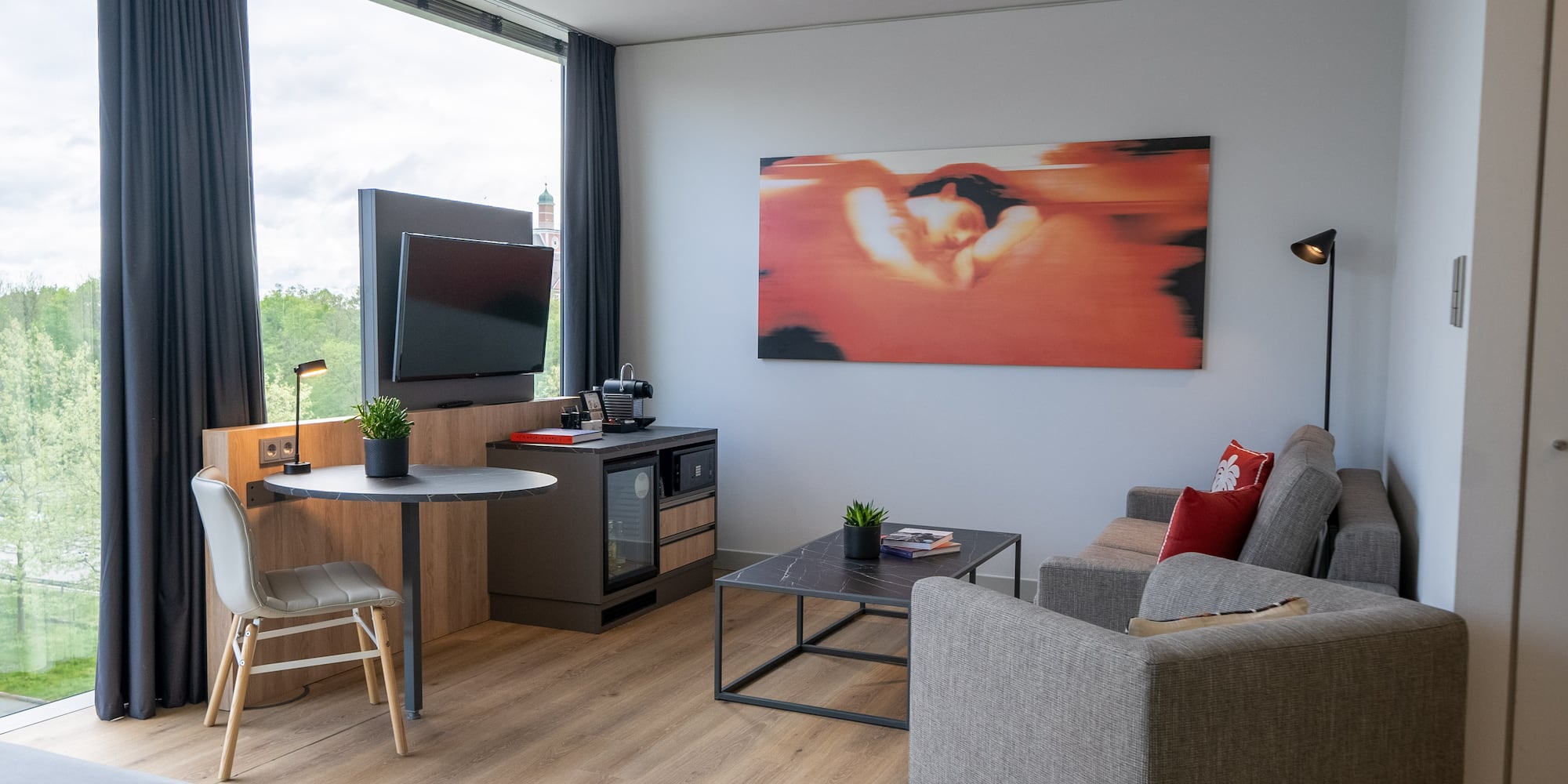 a living room with a couch and a table