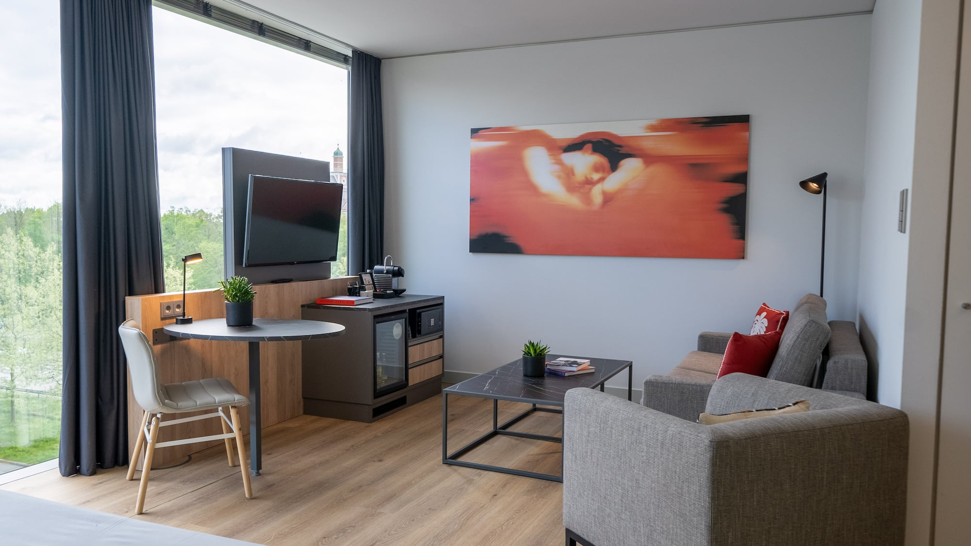 a living room with a couch and a table