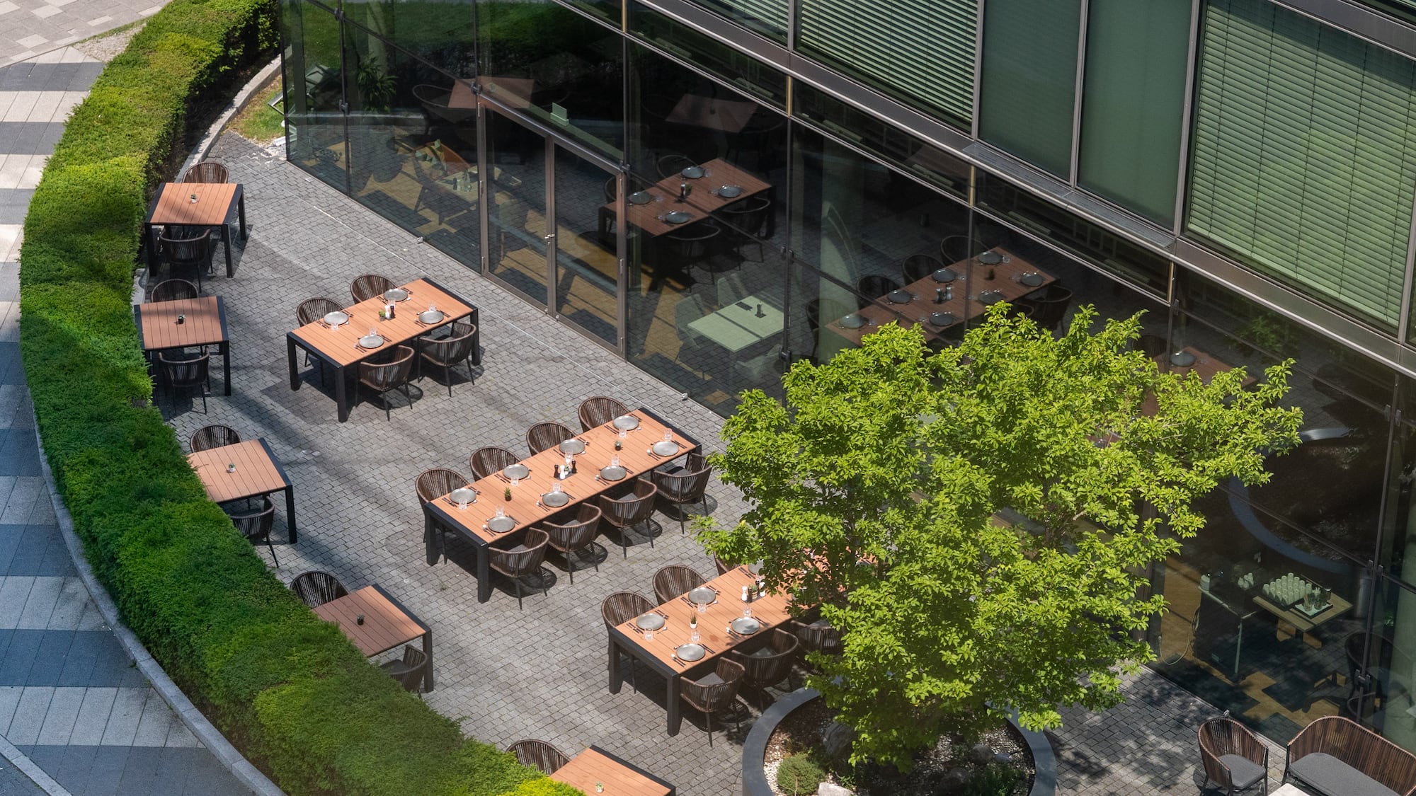 a building with tables and chairs