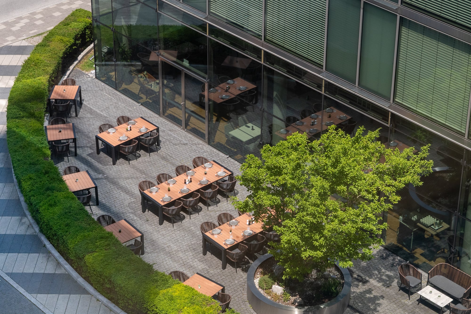 a building with tables and chairs