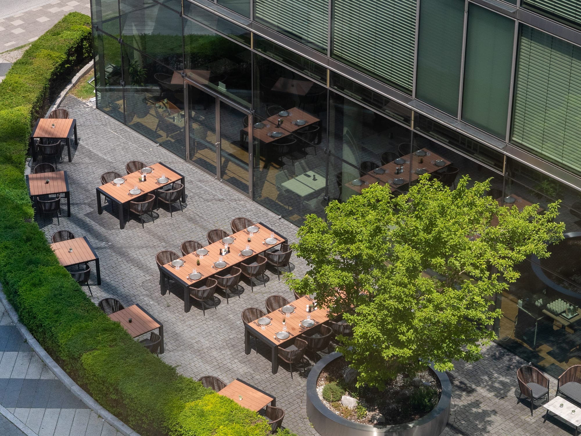 Modern outdoor restaurant patio with dining tables, green tree, and glass building.