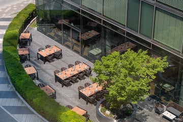 a building with tables and chairs