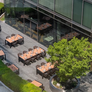 a building with tables and chairs