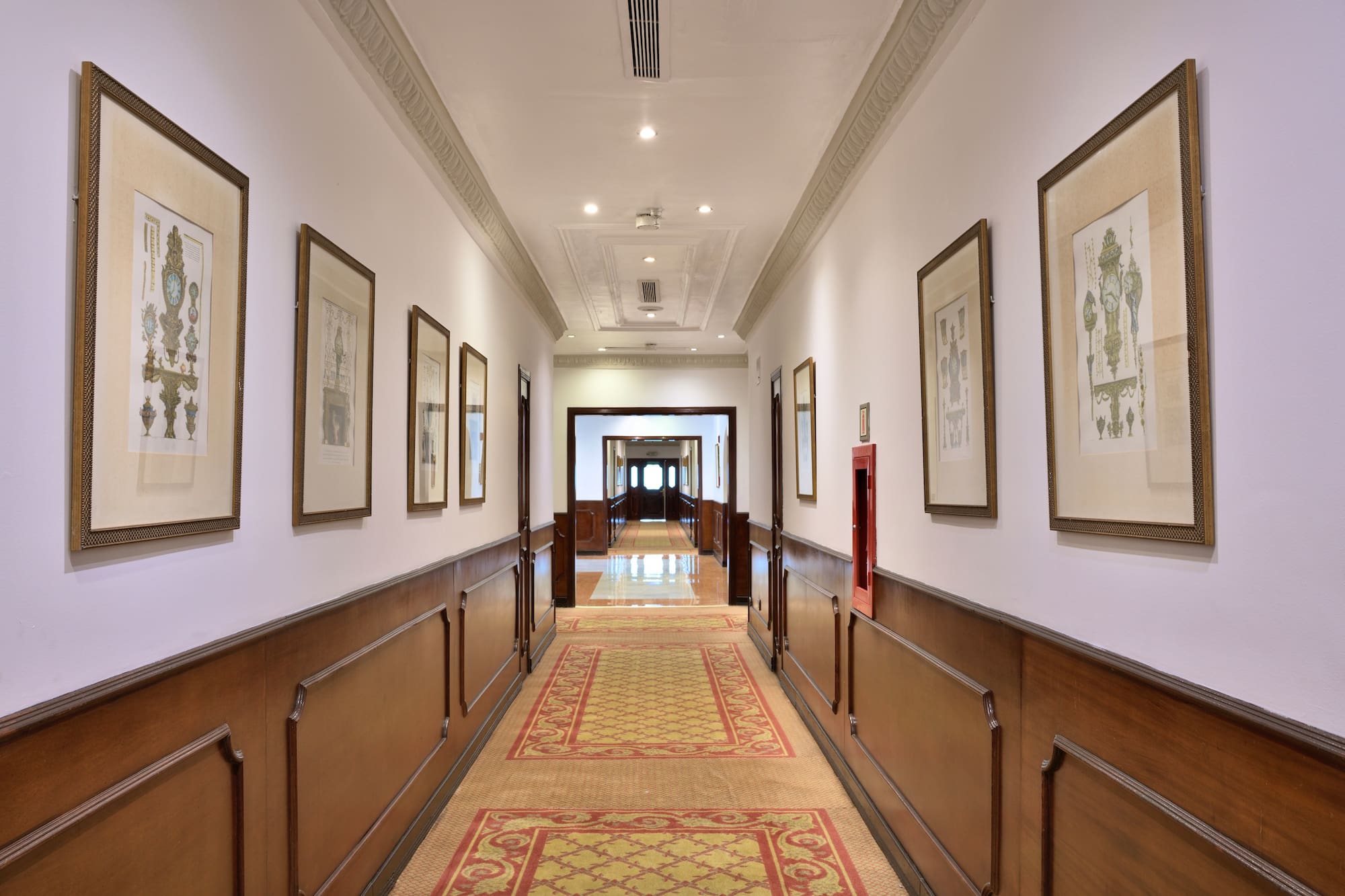 Elegant hotel hallway with framed art, wood wainscoting, and patterned carpet.