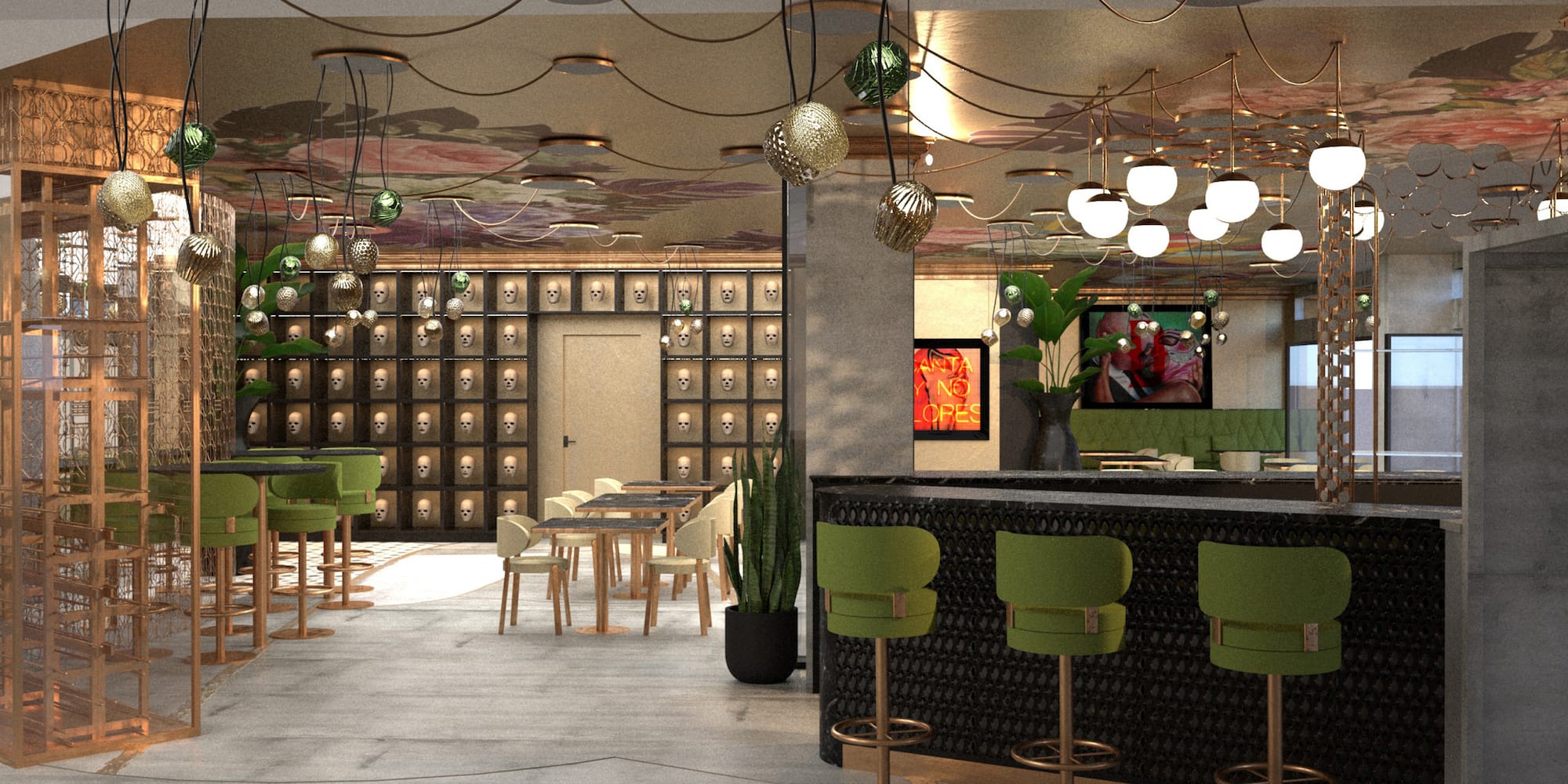 a room with a bar and chairs