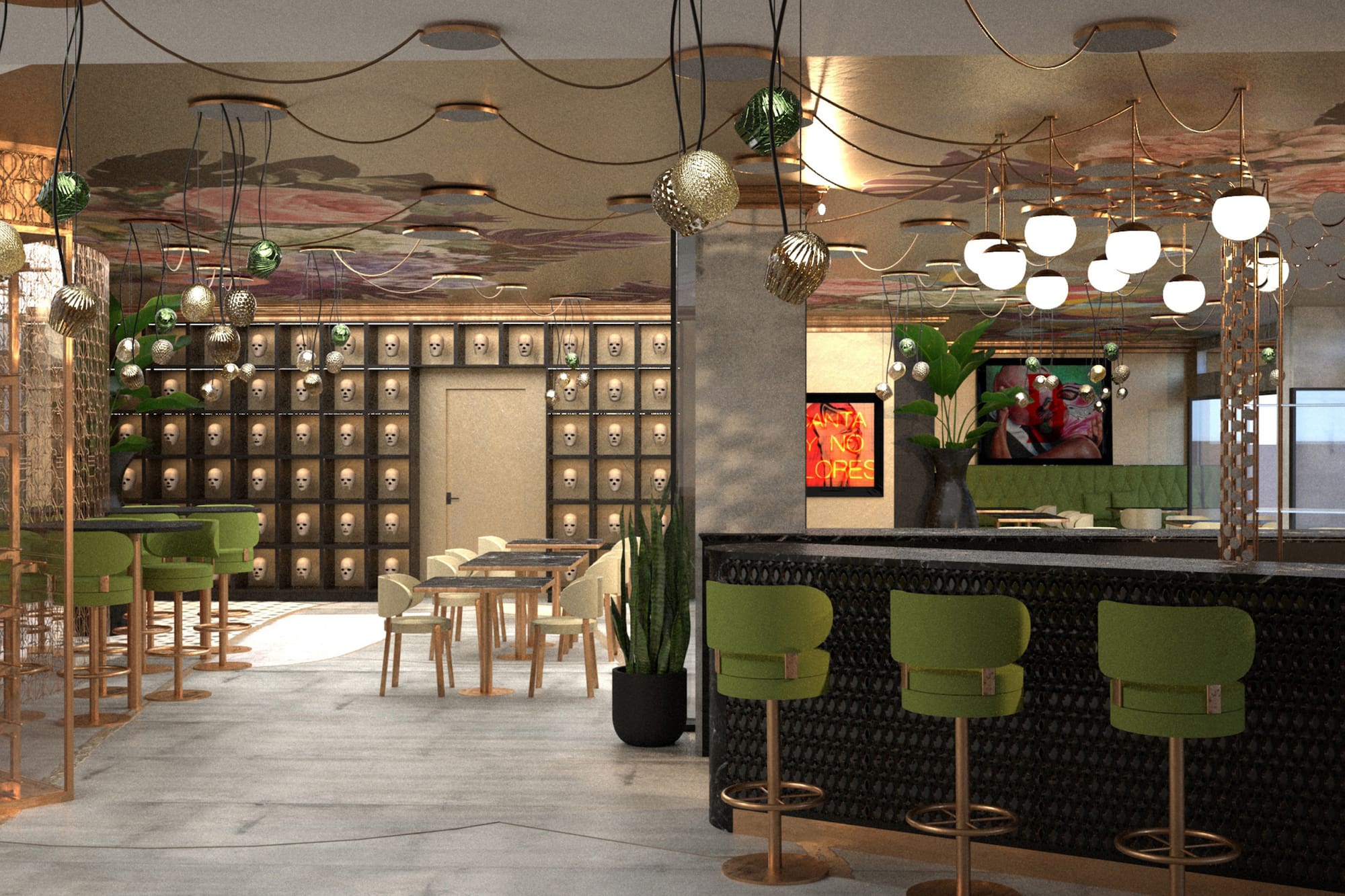 a room with a bar and chairs