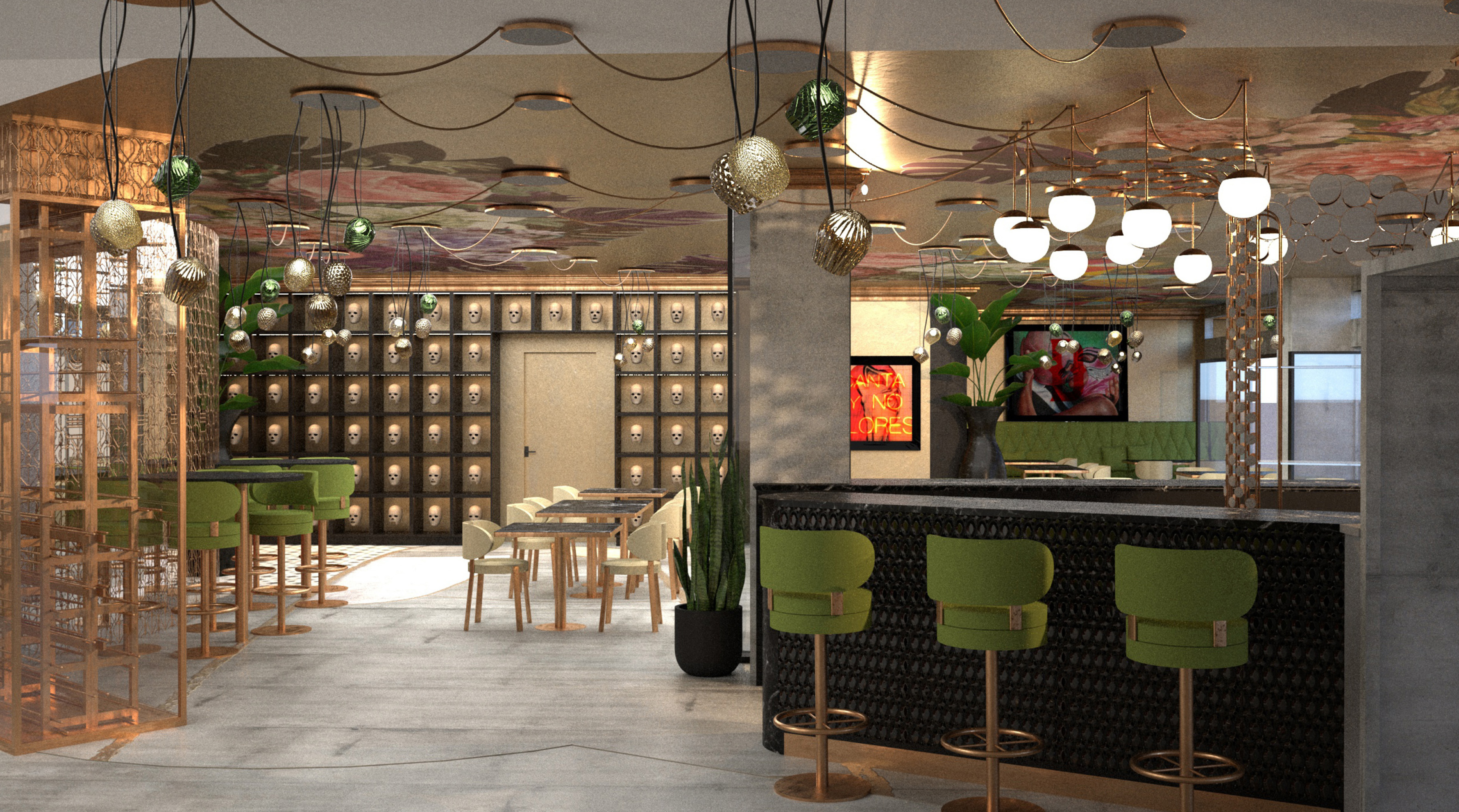 Eclectic bar interior with skull wall, floral ceiling, and green seating.