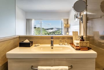 a bathroom sink with a mirror and a window