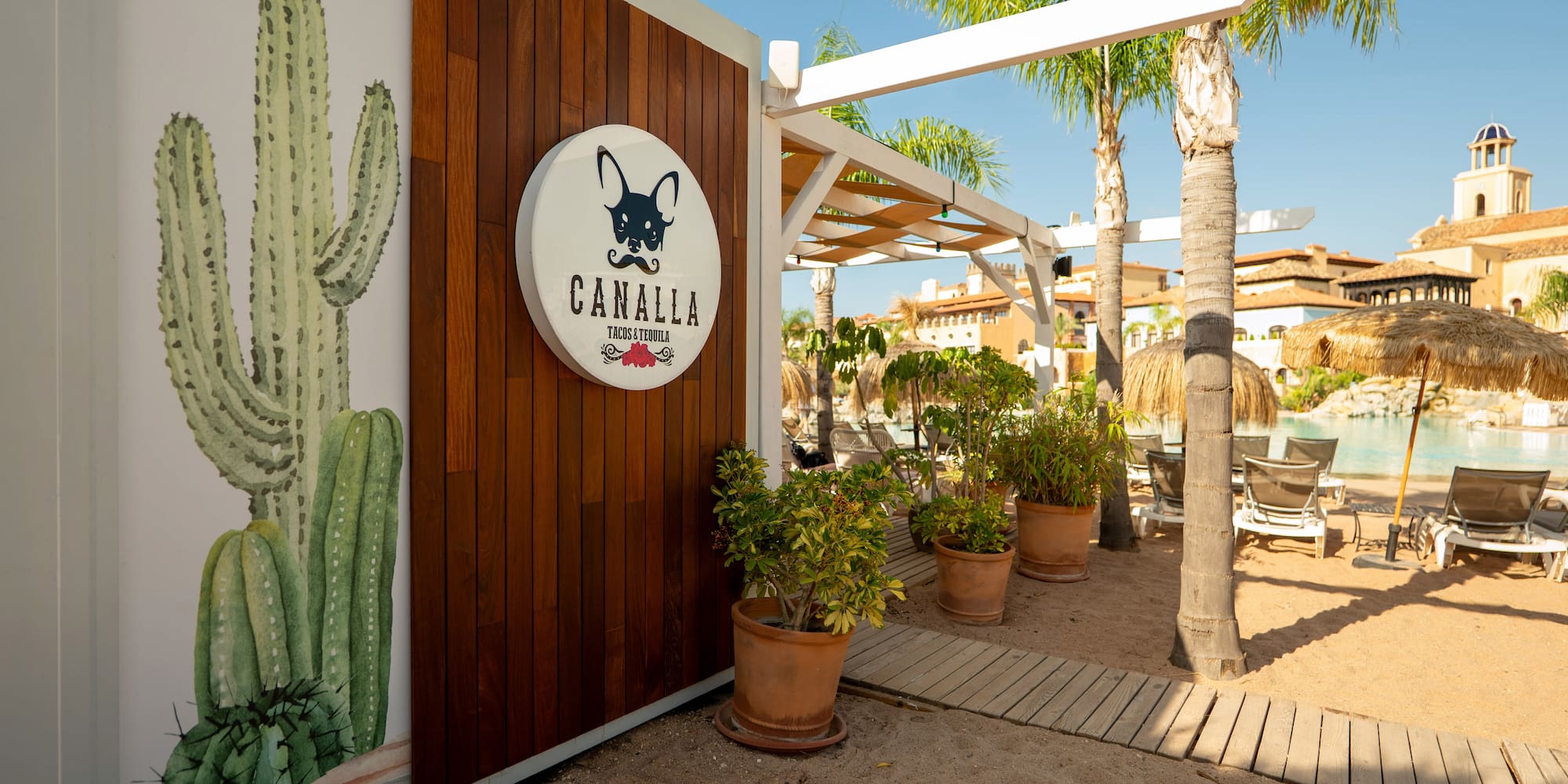 a sign on a wall next to a building with cactus plants