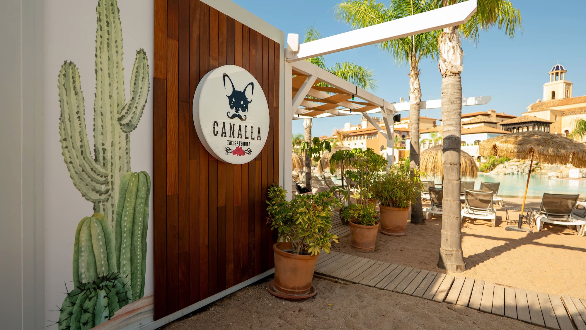 a sign on a wall next to a building with cactus plants