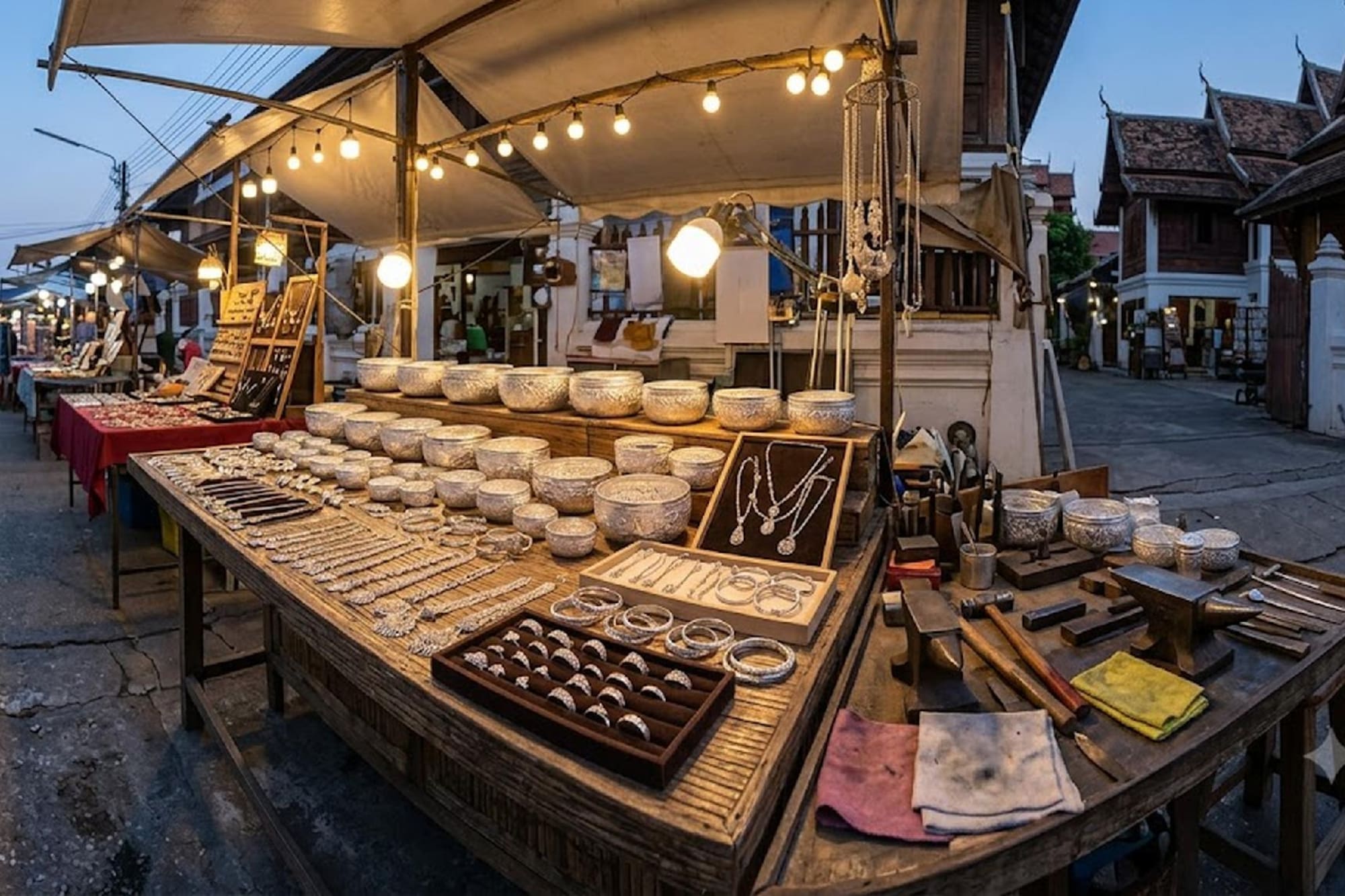 Thai night market featuring artisan silver bowls and jewelry.