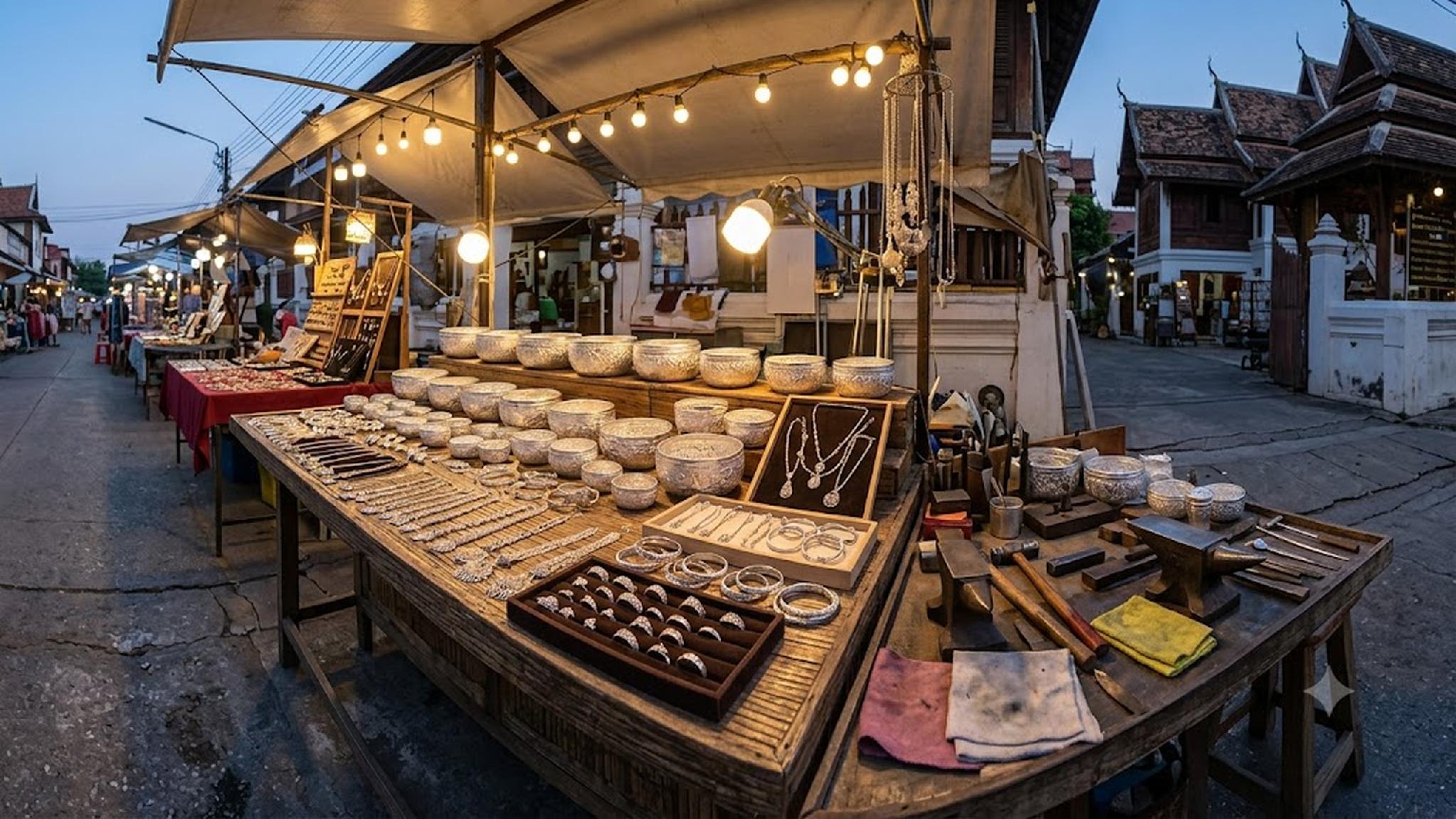 Thai night market featuring artisan silver bowls and jewelry.