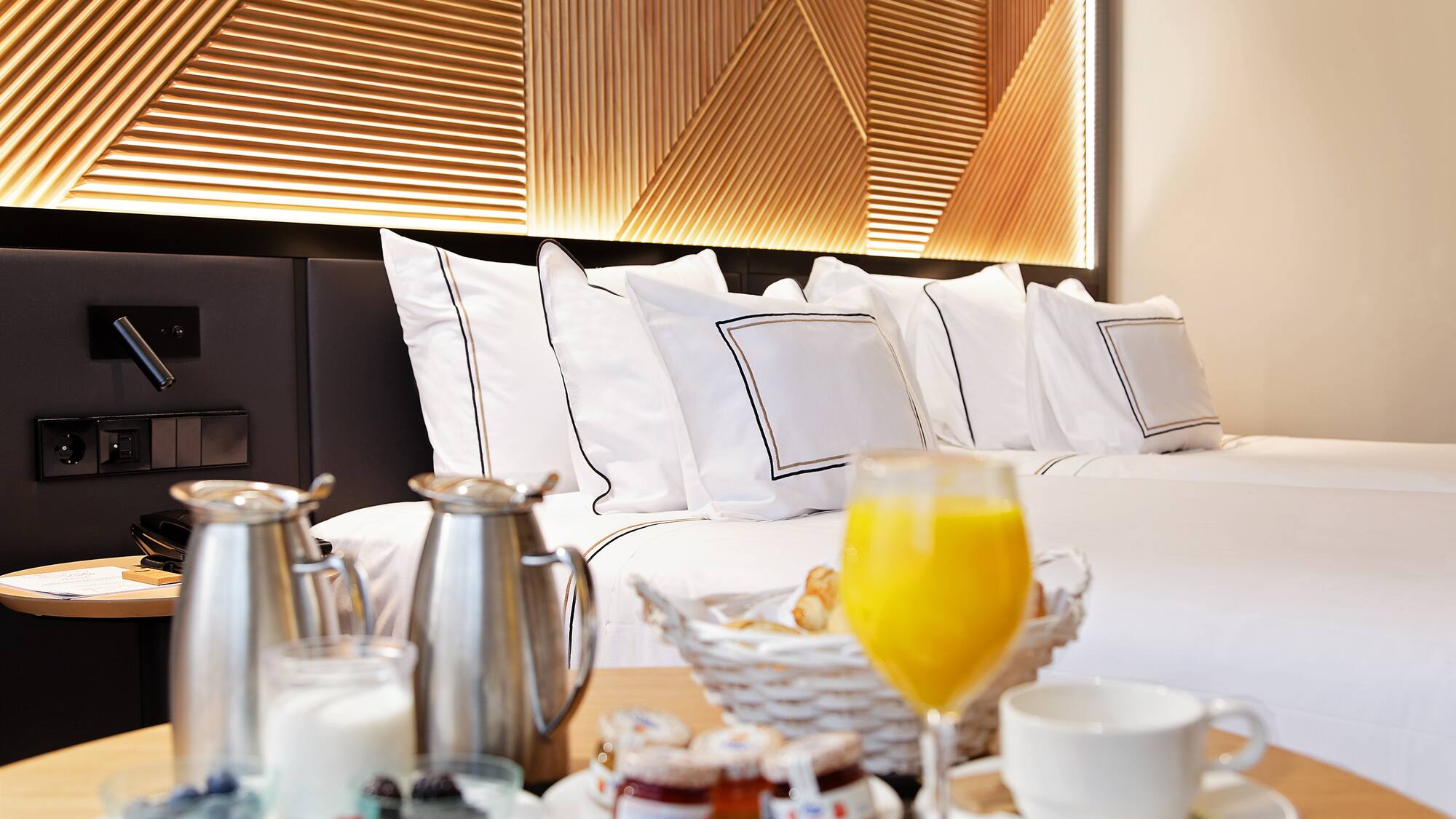 a breakfast on a bed