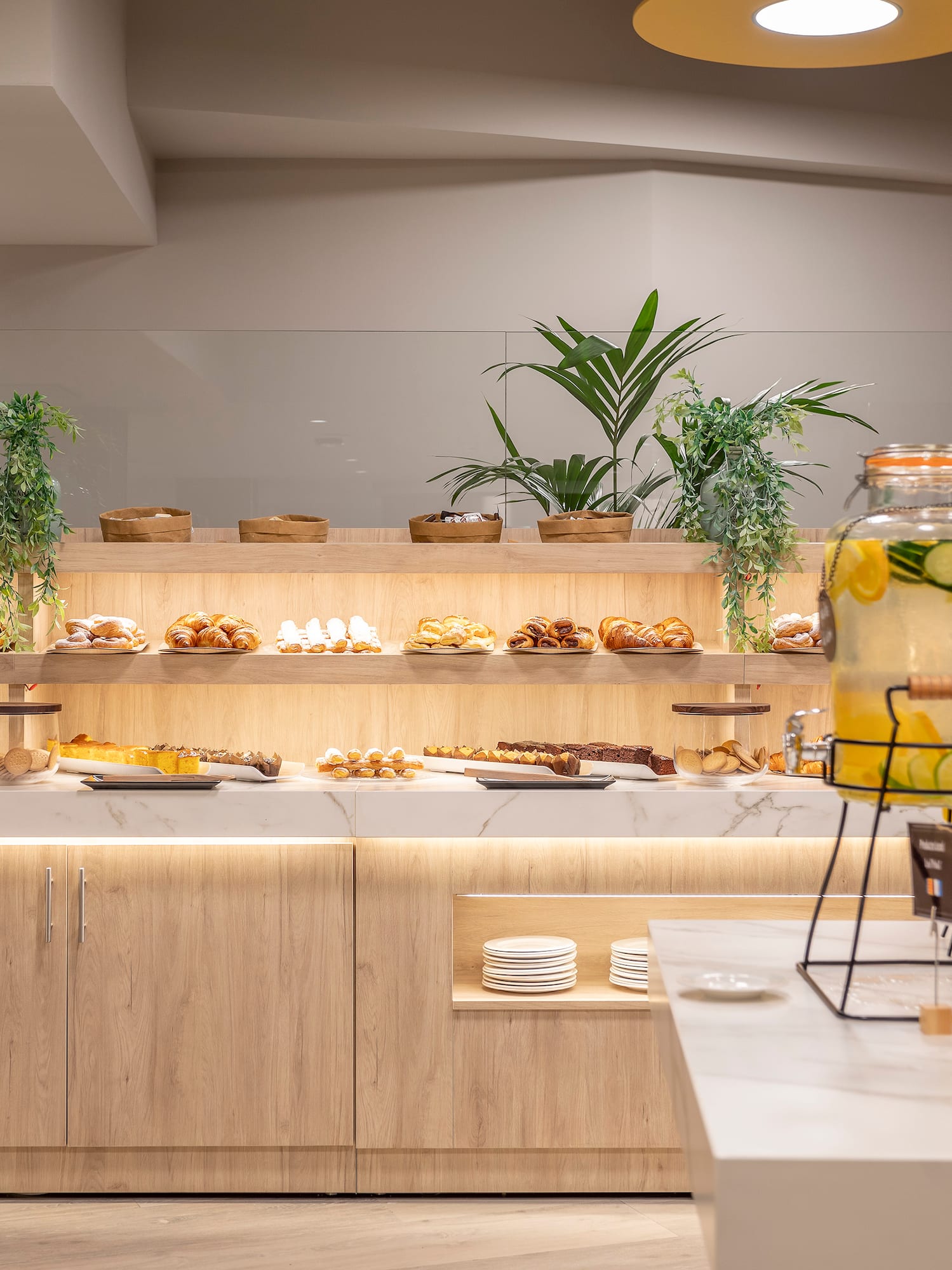 a buffet with food on the counter