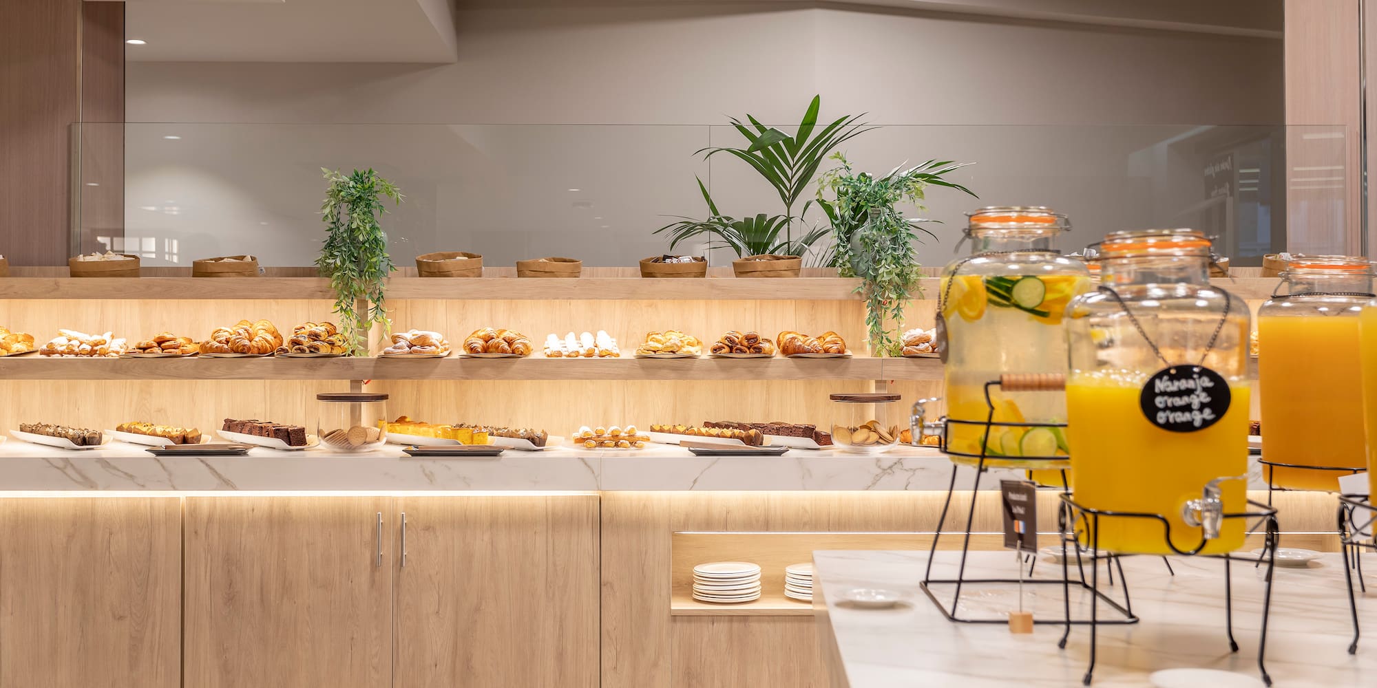 a buffet with food on the counter