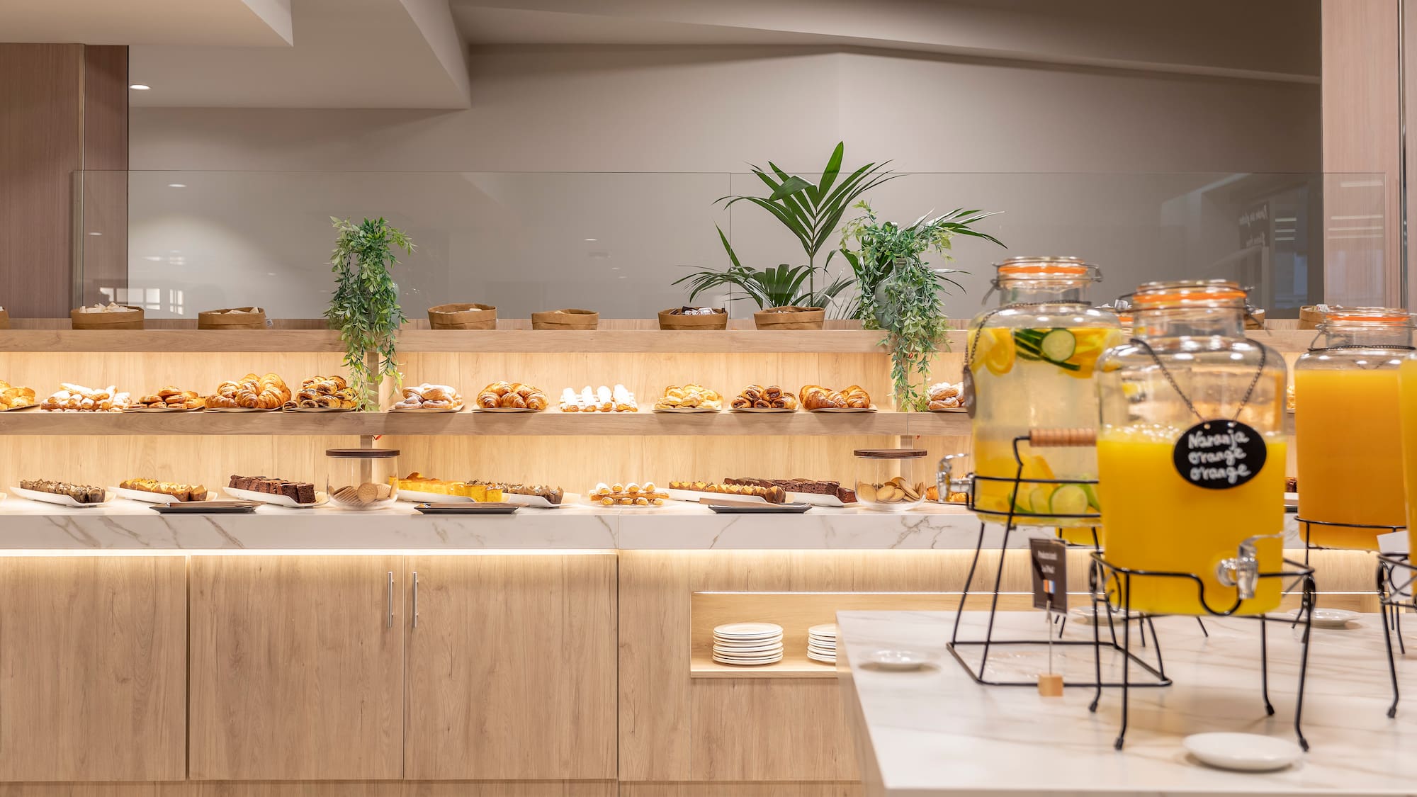 a buffet with food on the counter