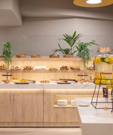 a buffet with food on the counter
