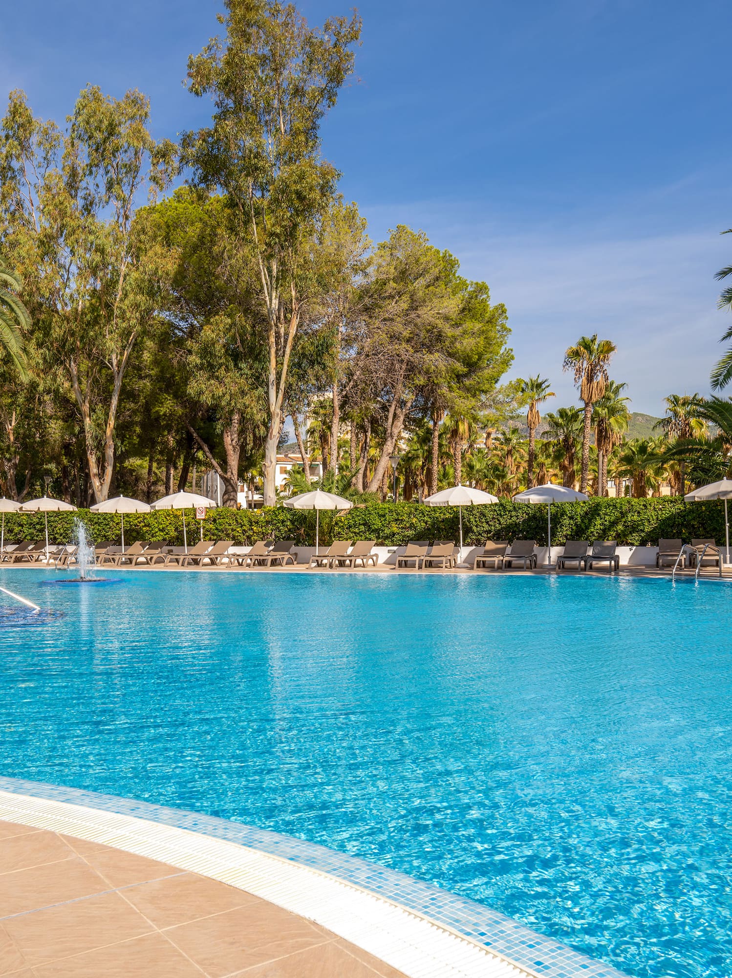 a pool with umbrellas and chairs