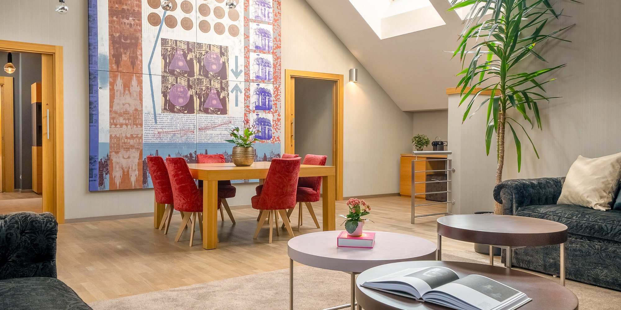 a room with a table and chairs