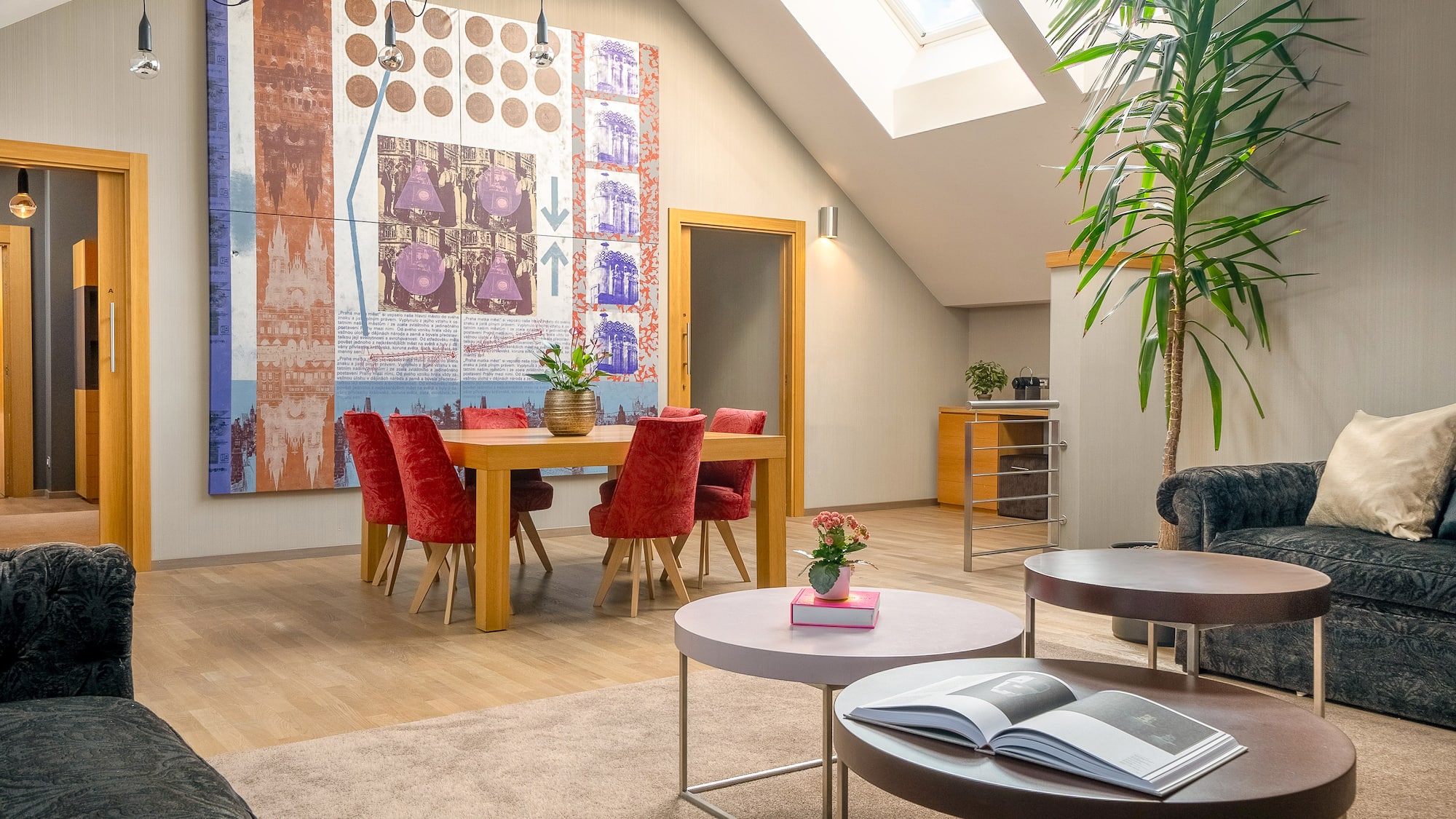 a room with a table and chairs