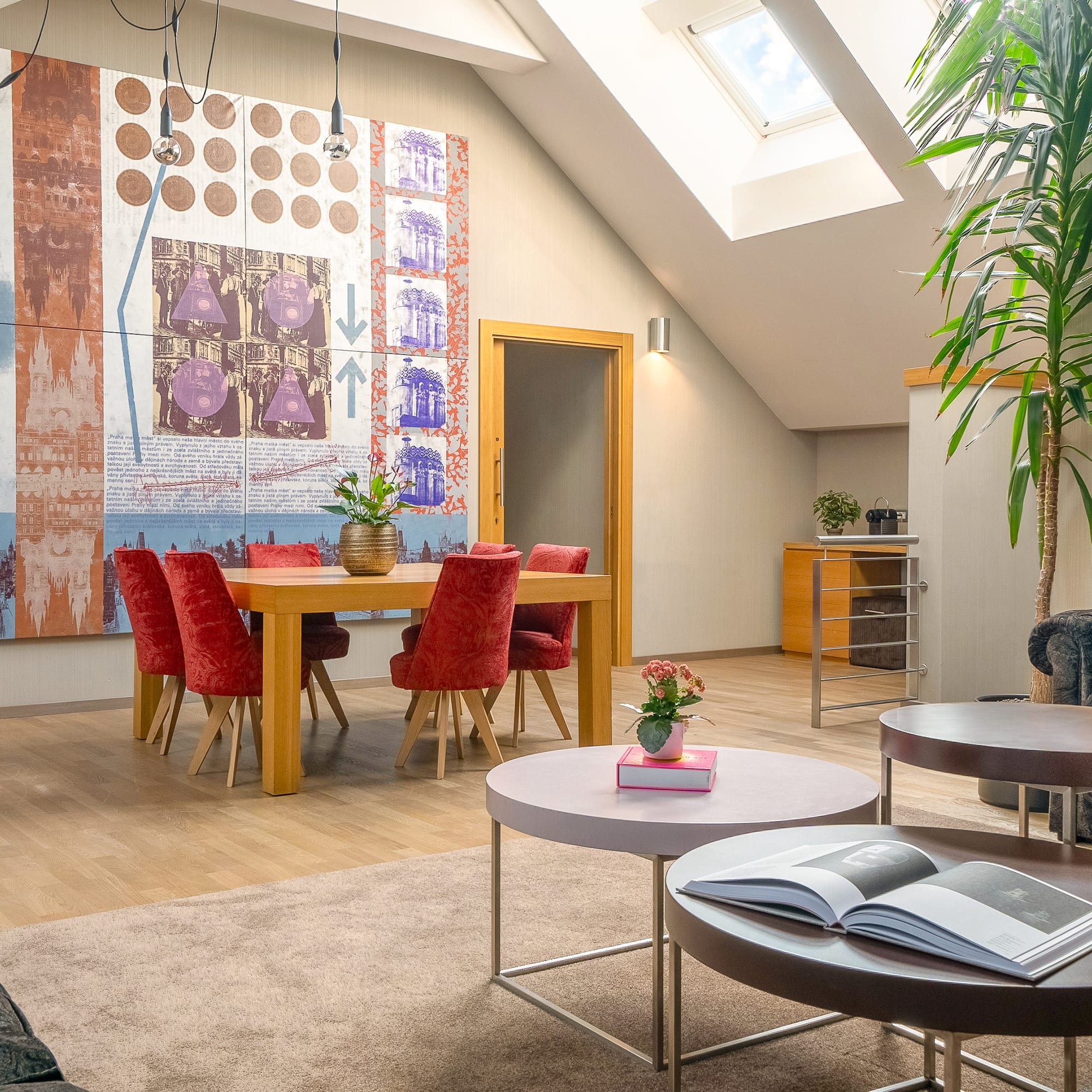 a room with a table and chairs