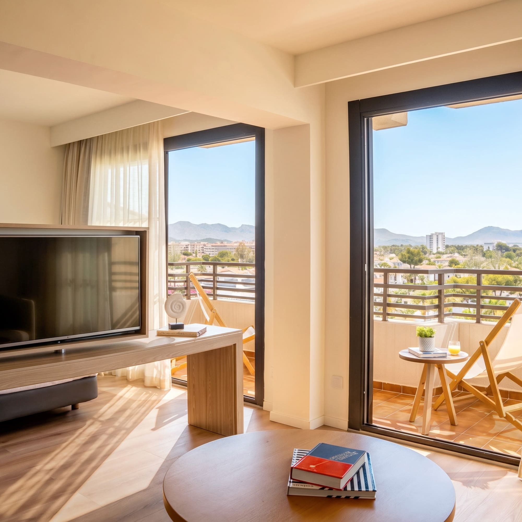 Bright hotel suite with balcony, TV, and scenic mountain views.