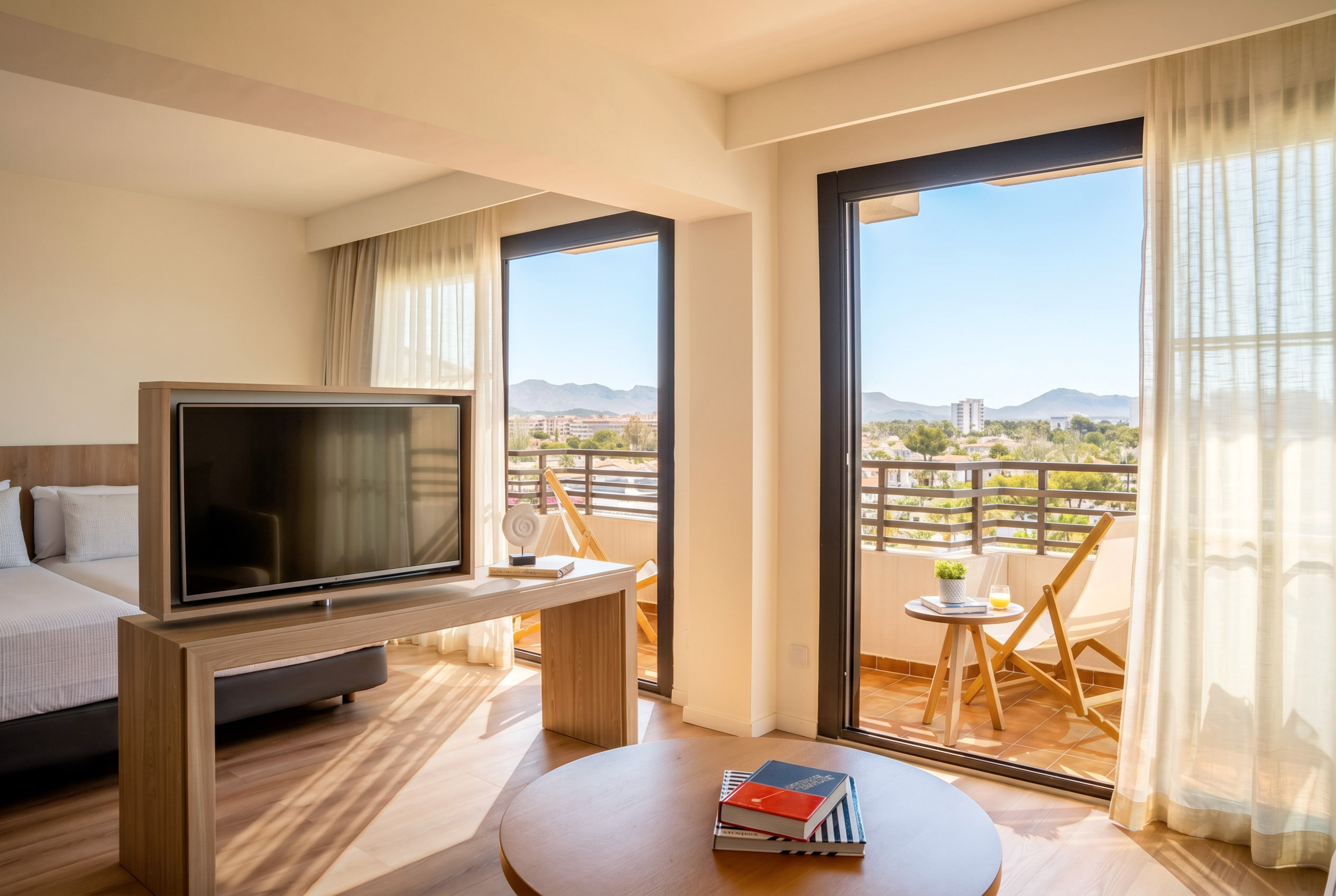 Bright hotel suite with balcony, TV, and scenic mountain views.