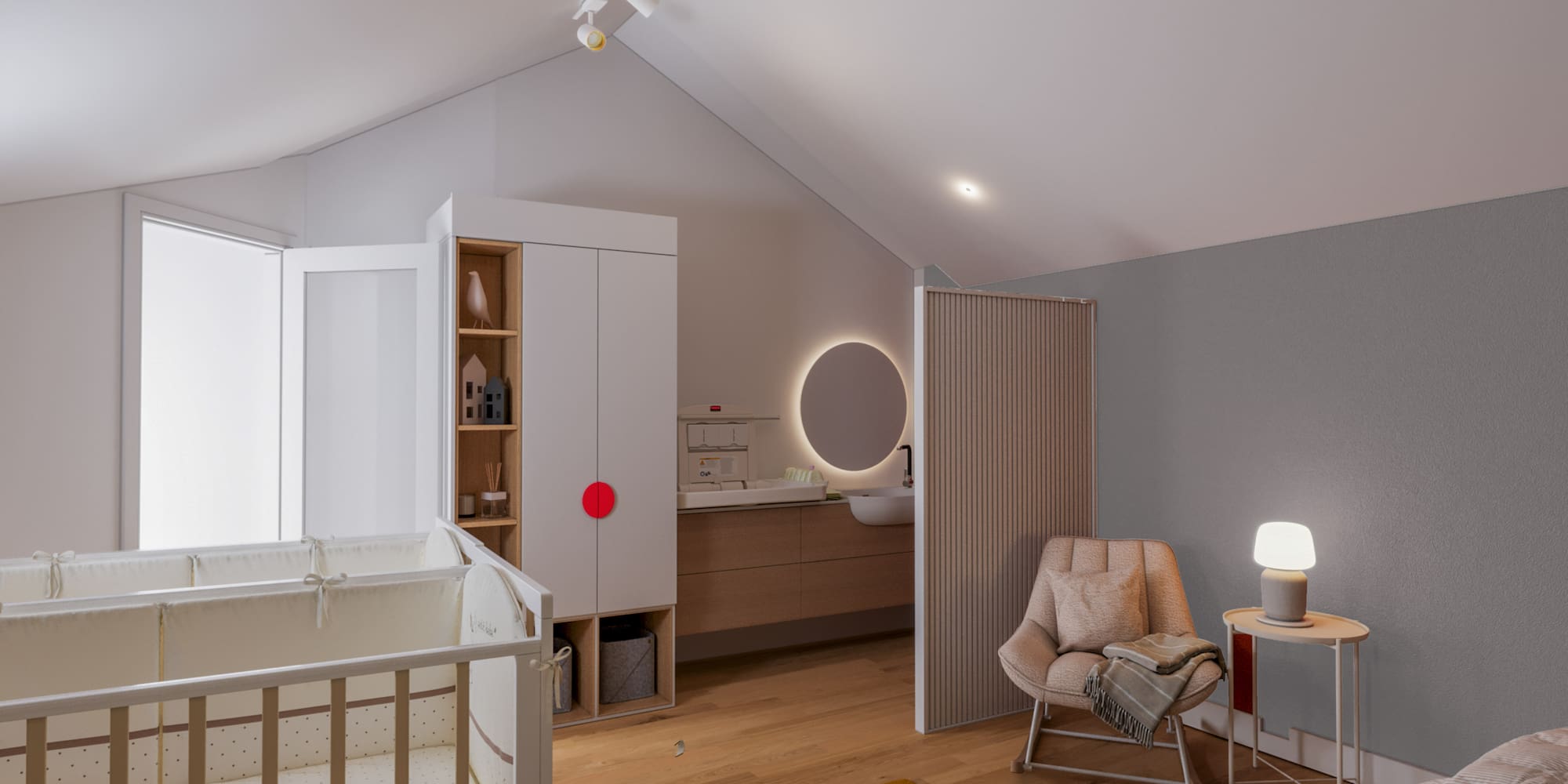 a room with a crib and a rug