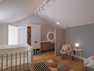 a room with a crib and a rug