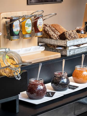 a counter with different food items