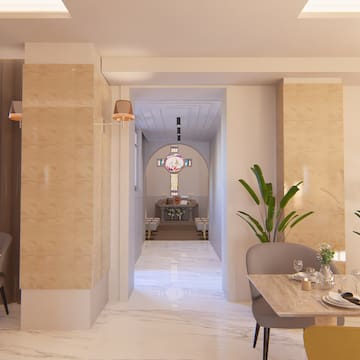 a room with a table and chairs