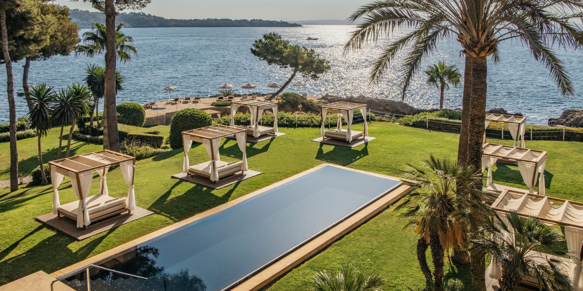 a pool in a grassy area with palm trees and a body of water.