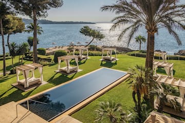 a pool in a grassy area with palm trees and a body of water.