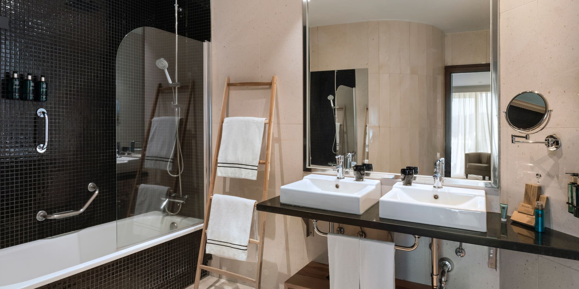 a bathroom with a shower and sink