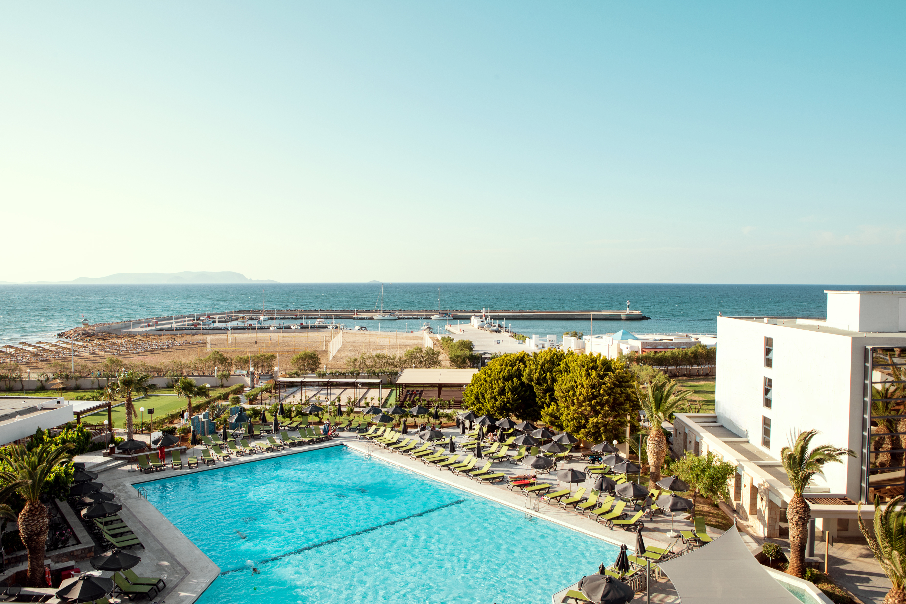 Sunny resort pool and beachfront with marina, palm trees, and blue ocean view.