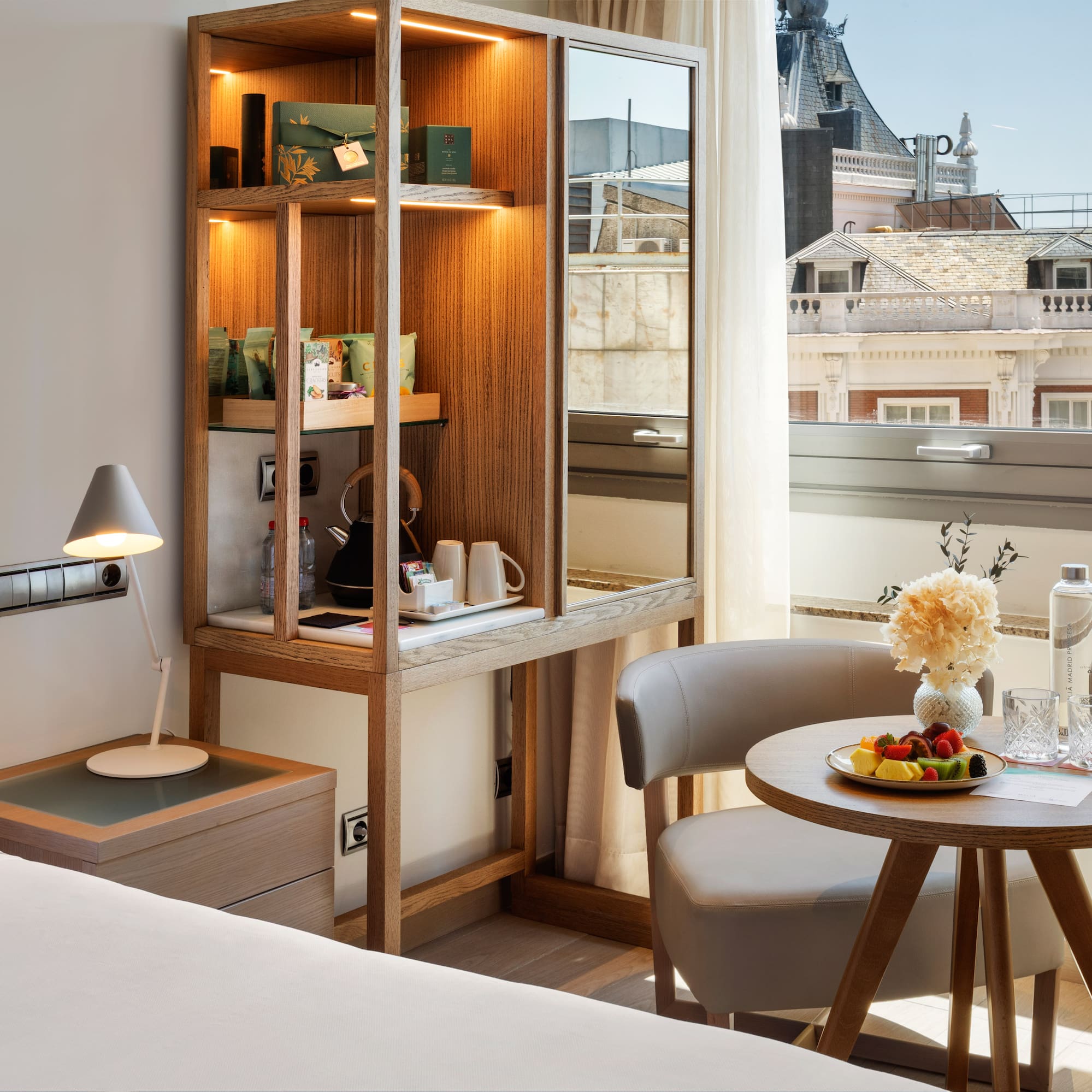 a room with a table and chairs