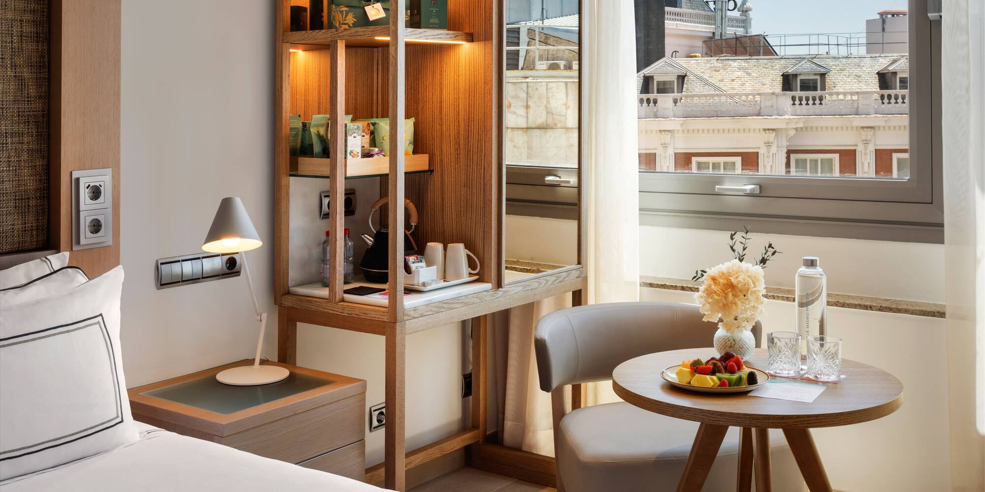 a room with a table and chairs